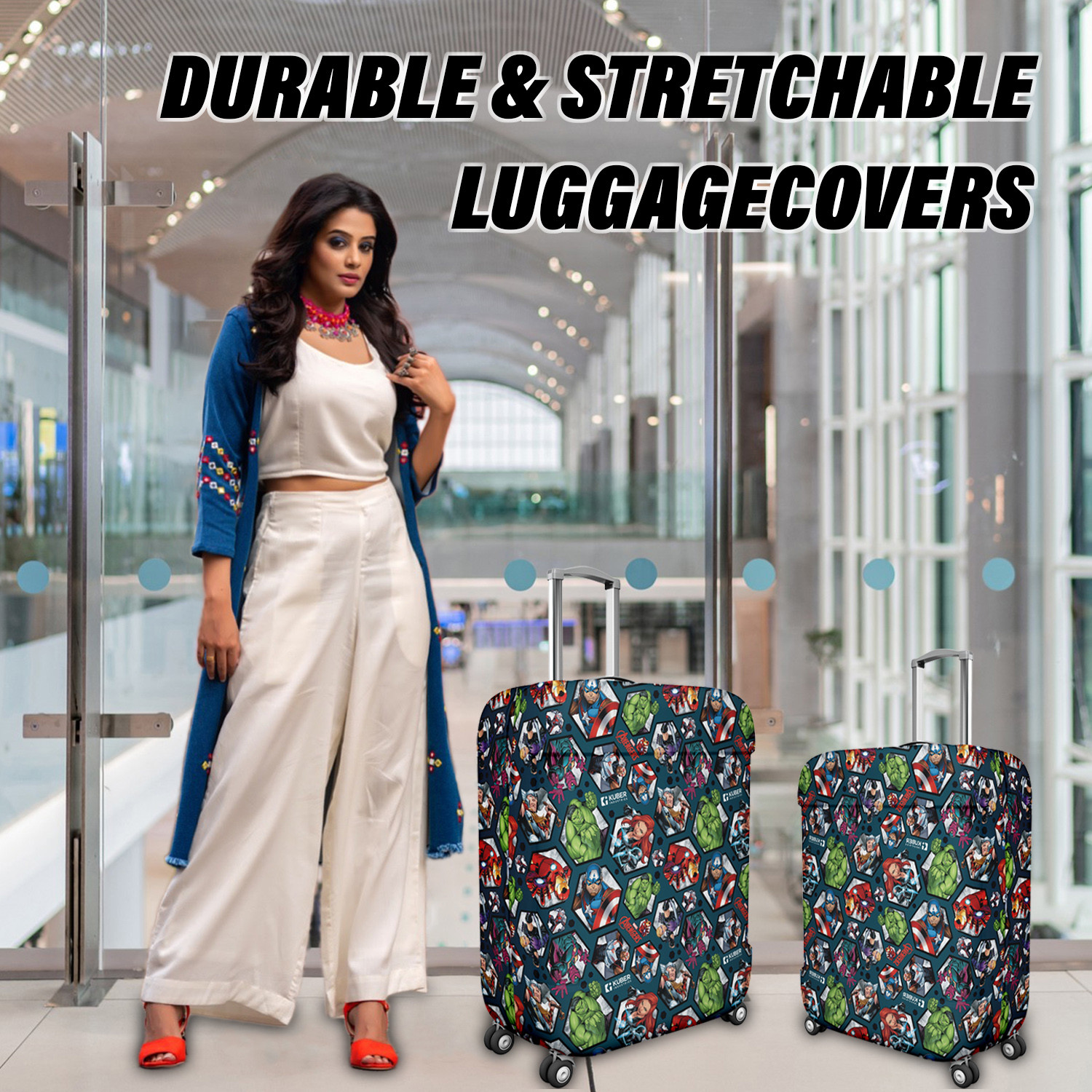 Kuber Industries Marvel Avengers Luggage Cover  Polyester Travel Suitcase Cover  Washable  Stretchable Suitcase Protector  18-22 Inch    Blue