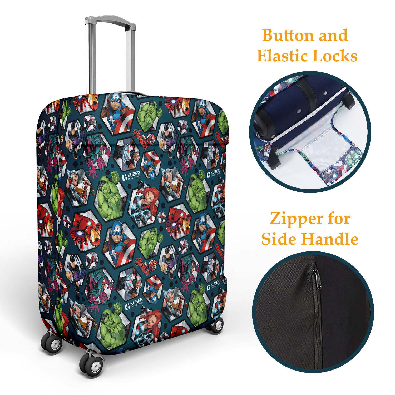 Kuber Industries Marvel Avengers Luggage Cover|Polyester Travel Suitcase Cover|Washable|Stretchable Suitcase Protector|22-26 Inch|Medium (Blue)
