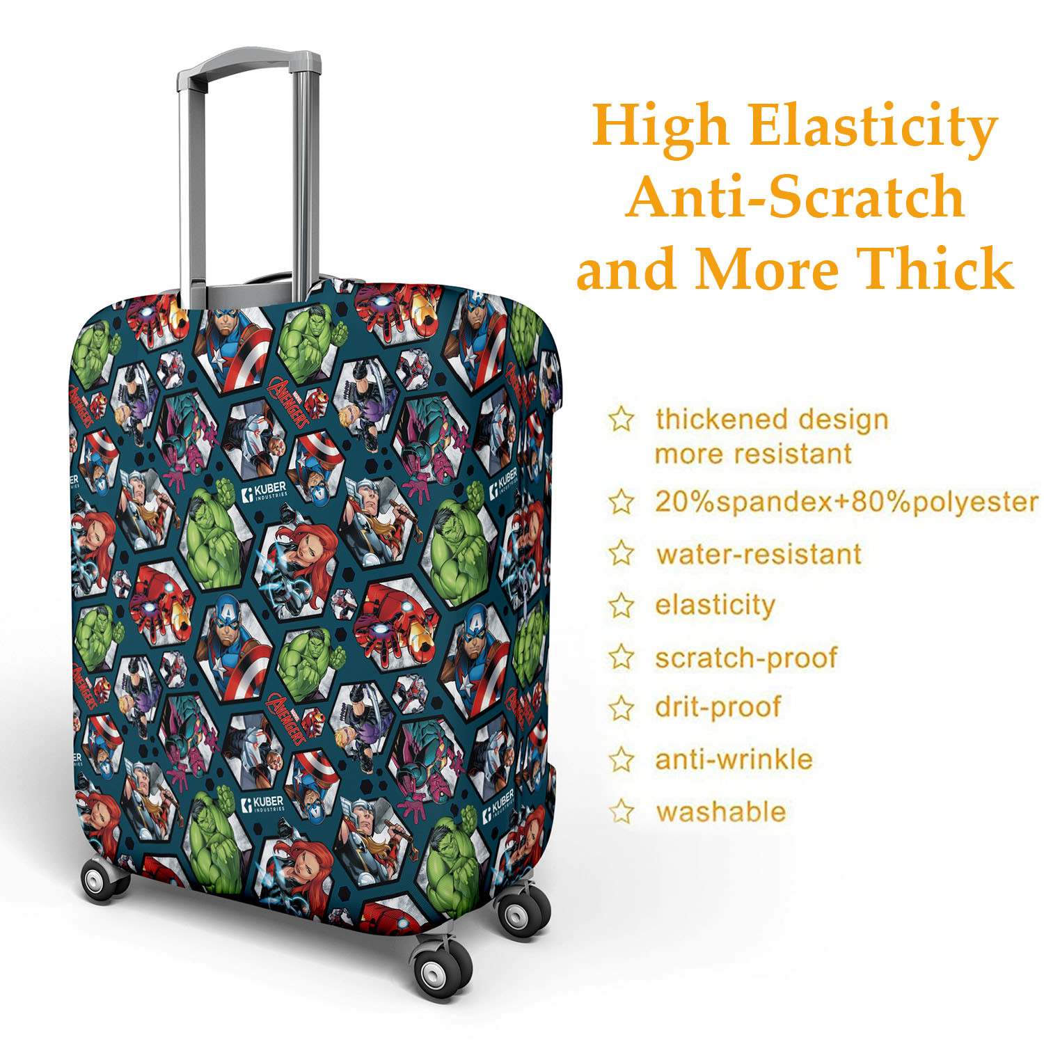 Kuber Industries Marvel Avengers Luggage Cover|Polyester Travel Suitcase Cover|Washable|Stretchable Suitcase Protector|26-30 Inch|Large (Blue)