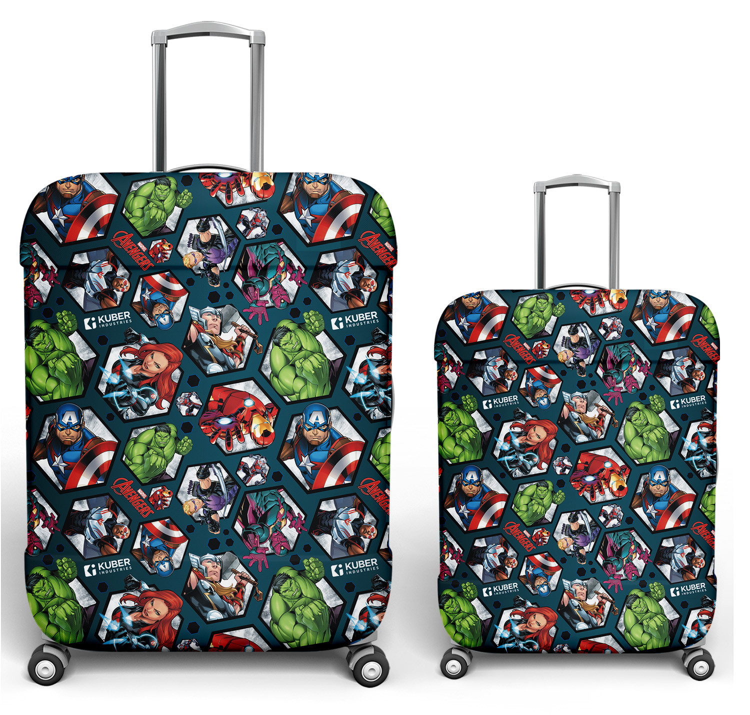 Kuber Industries Marvel Avengers Luggage Cover|Polyester Travel Suitcase Cover|Washable|Stretchable Suitcase Cover|18-22 Inch-Small|26-30 Inch-Large|Pack of 2 (Blue)