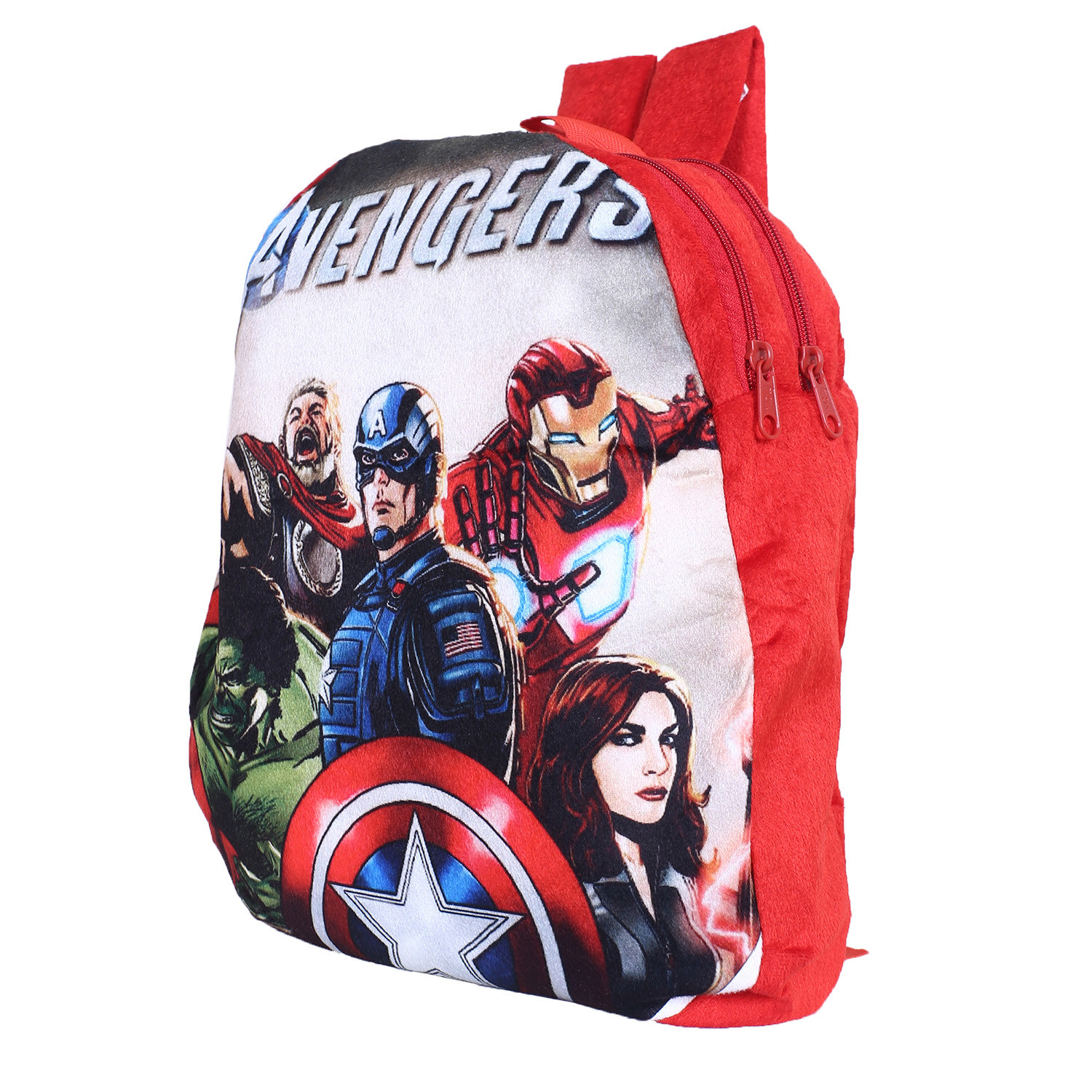 Kuber Industries Marvel Avengers Plush Backpack|2 Compartment Velvet School Bag|Durable Toddler Haversack For Travel,School with Zipper Closure (Red)
