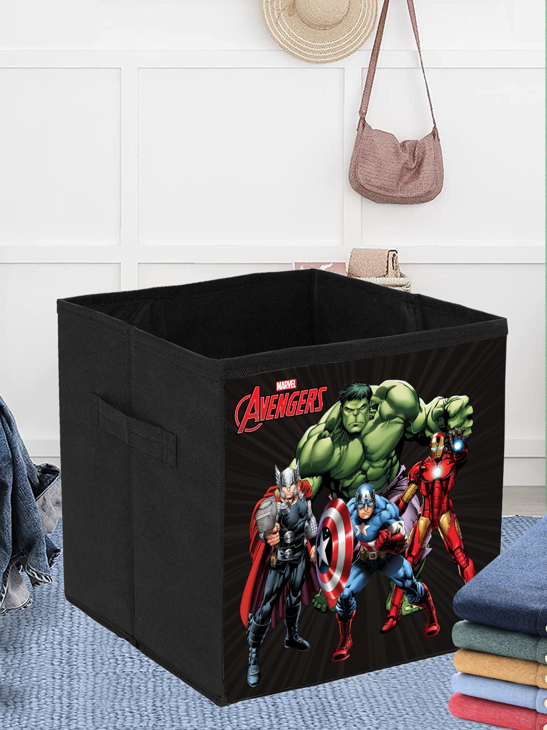 Kuber Industries Marvel Avengers Print Durable & Collapsible Square Storage Box|Clothes Organizer With Handle, (Black)