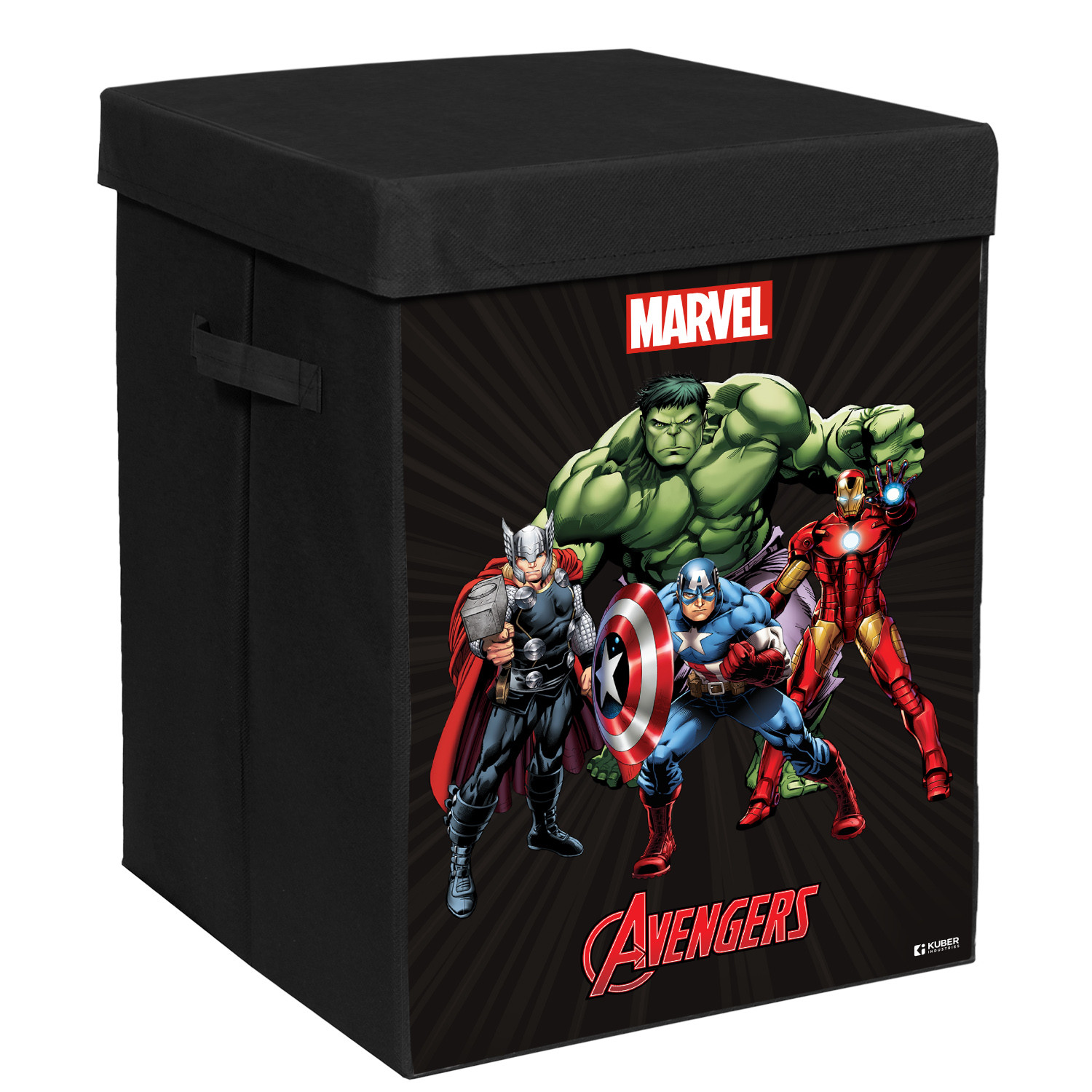Kuber Industries Marvel Avengers Print Foldable Laundry Basket|Clothes Storage Basket With Handle & Lid,60 Ltr.(Black)
