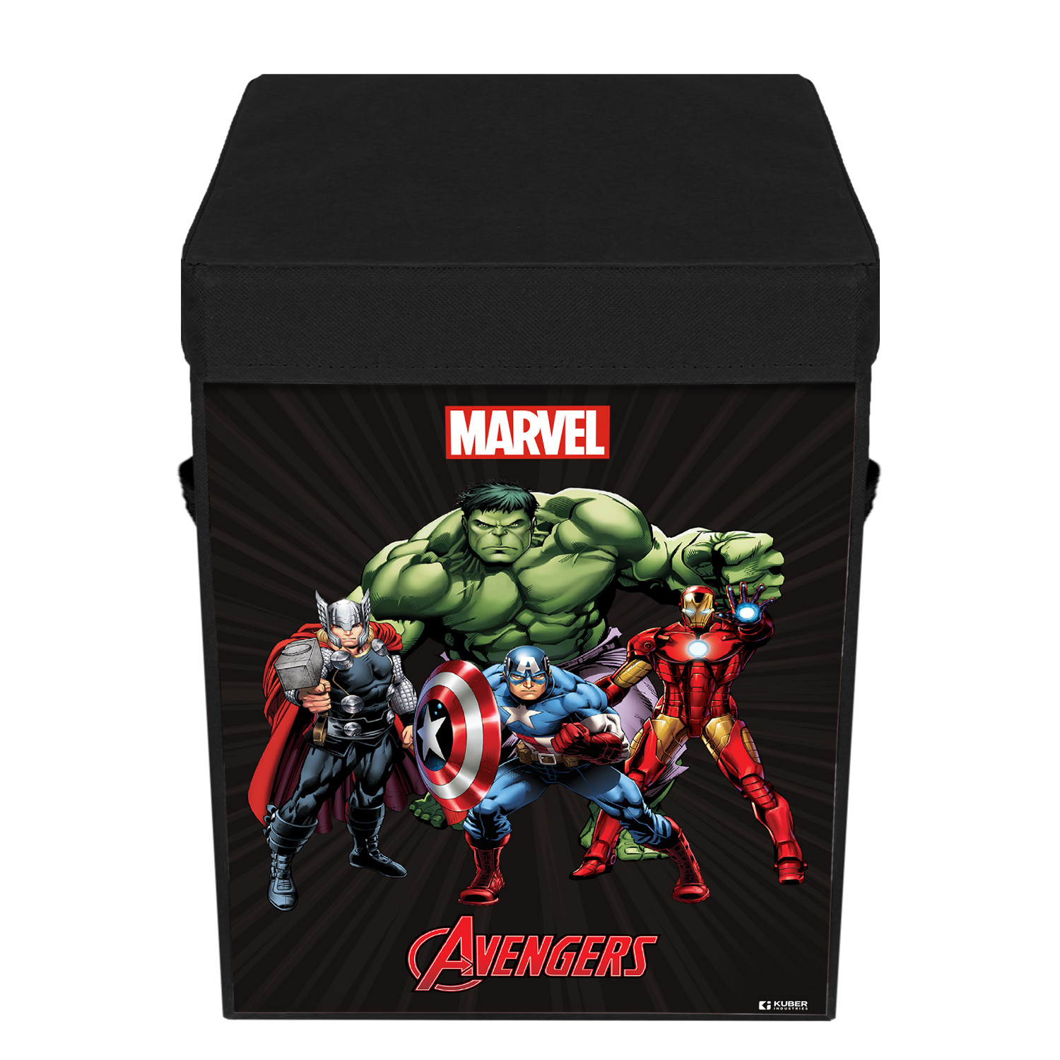 Kuber Industries Marvel Avengers Print Foldable Laundry Basket|Clothes Storage Basket With Handle & Lid,60 Ltr.(Black)