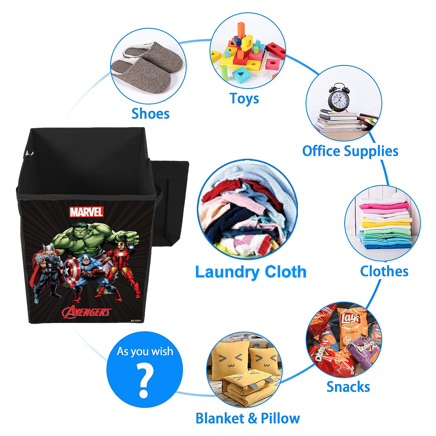 Kuber Industries Marvel Avengers Print Foldable Laundry Basket|Clothes Storage Basket With Handle & Lid,60 Ltr.(Black)