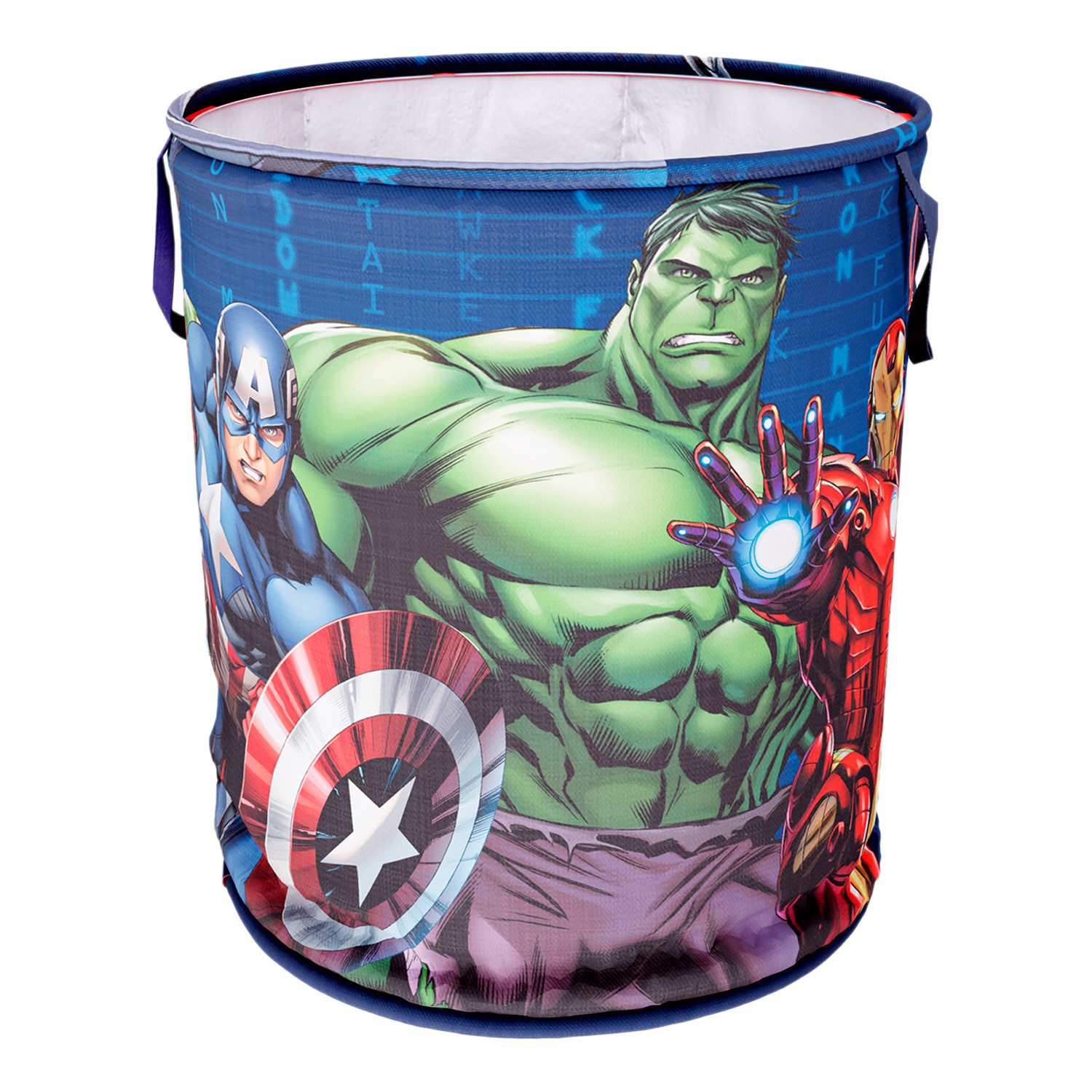 Kuber Industries Marvel Avengers Print Round Laundry Basket|Polyester Clothes Hamper|Waterproof & Foldable Round Laundry Bag with Handle,45 Ltr.(Navy Blue)