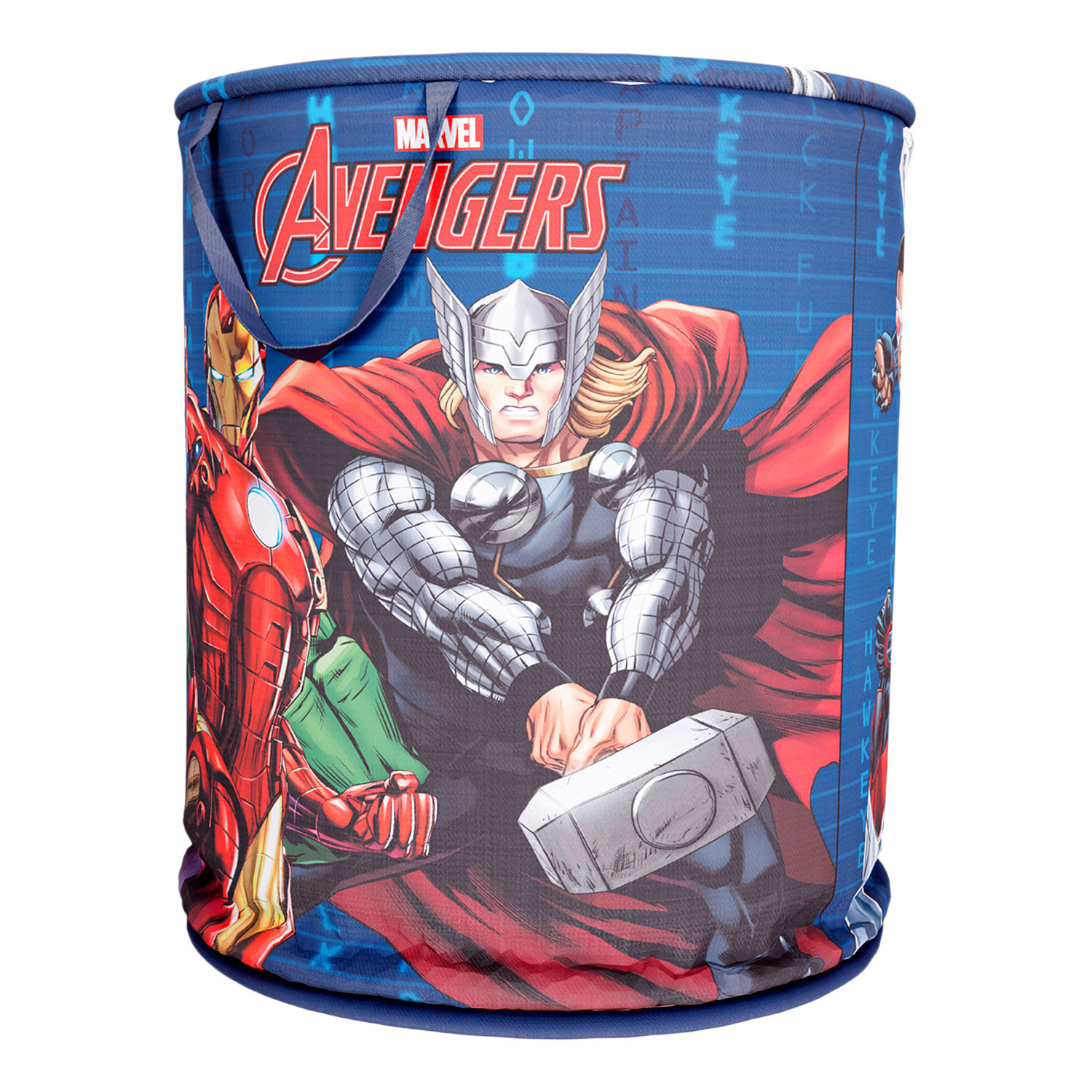 Kuber Industries Marvel Avengers Print Round Laundry Basket|Polyester Clothes Hamper|Waterproof & Foldable Round Laundry Bag with Handle,45 Ltr.(Navy Blue)