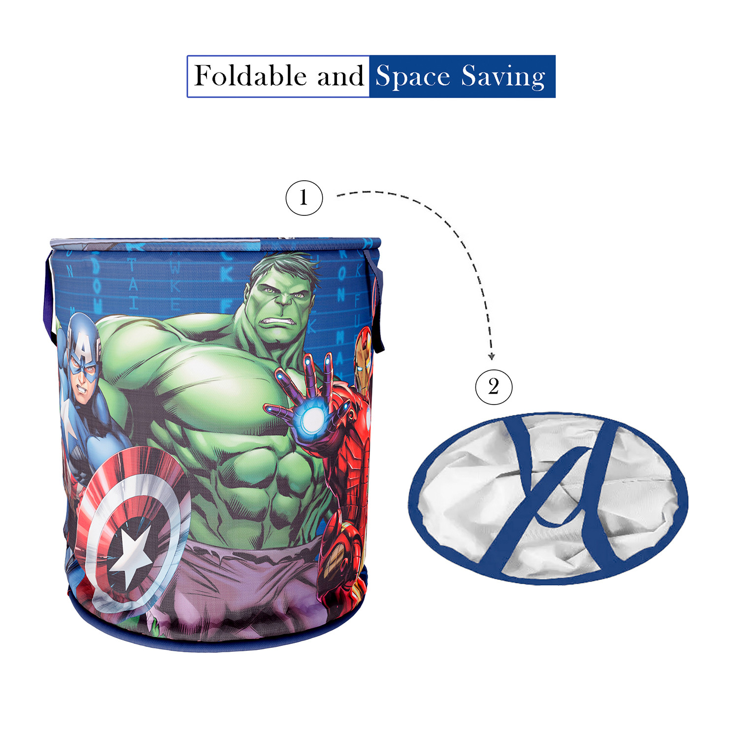 Kuber Industries Marvel Avengers Print Round Laundry Basket|Polyester Clothes Hamper|Waterproof & Foldable Round Laundry Bag with Handle,45 Ltr.(Navy Blue)