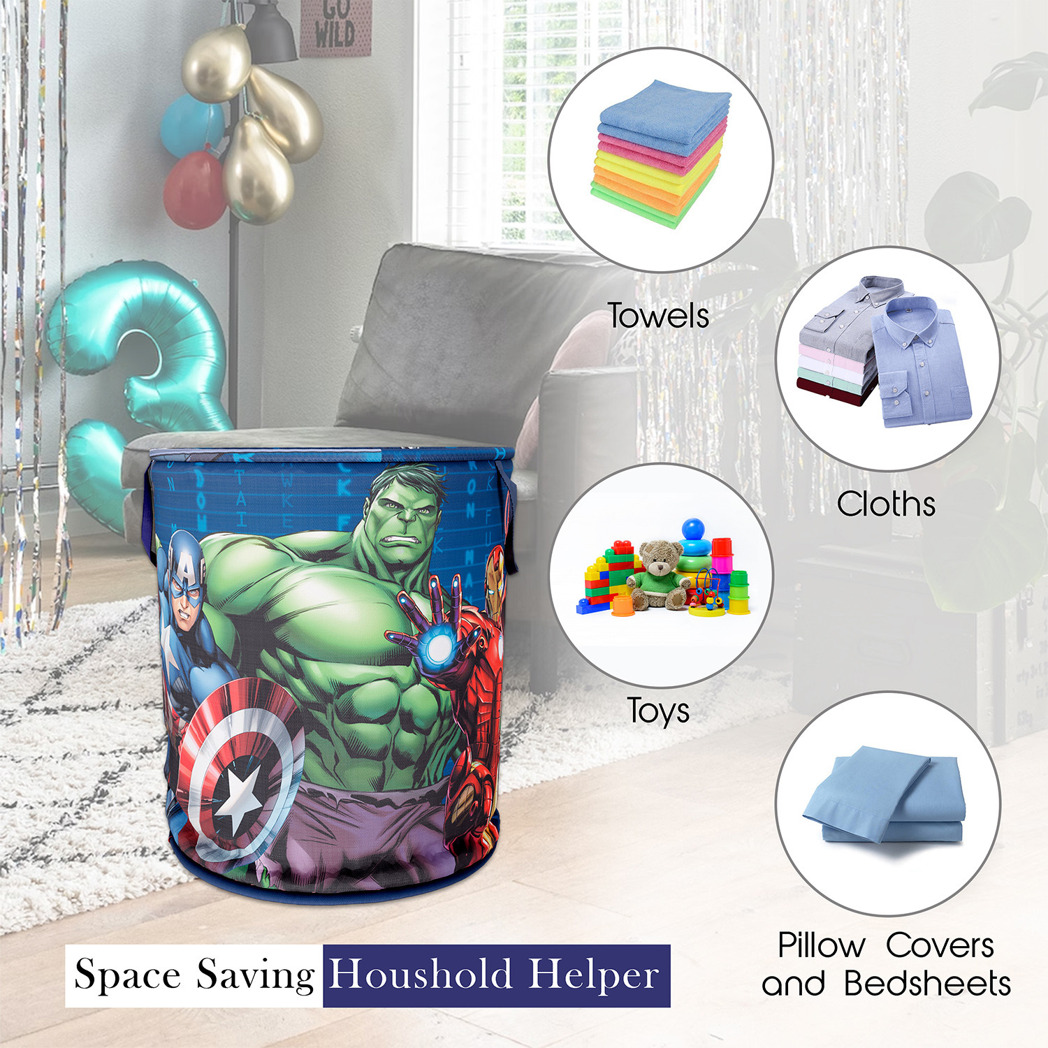 Kuber Industries Marvel Avengers Print Round Laundry Basket|Polyester Clothes Hamper|Waterproof & Foldable Round Laundry Bag with Handle,45 Ltr.(Navy Blue)