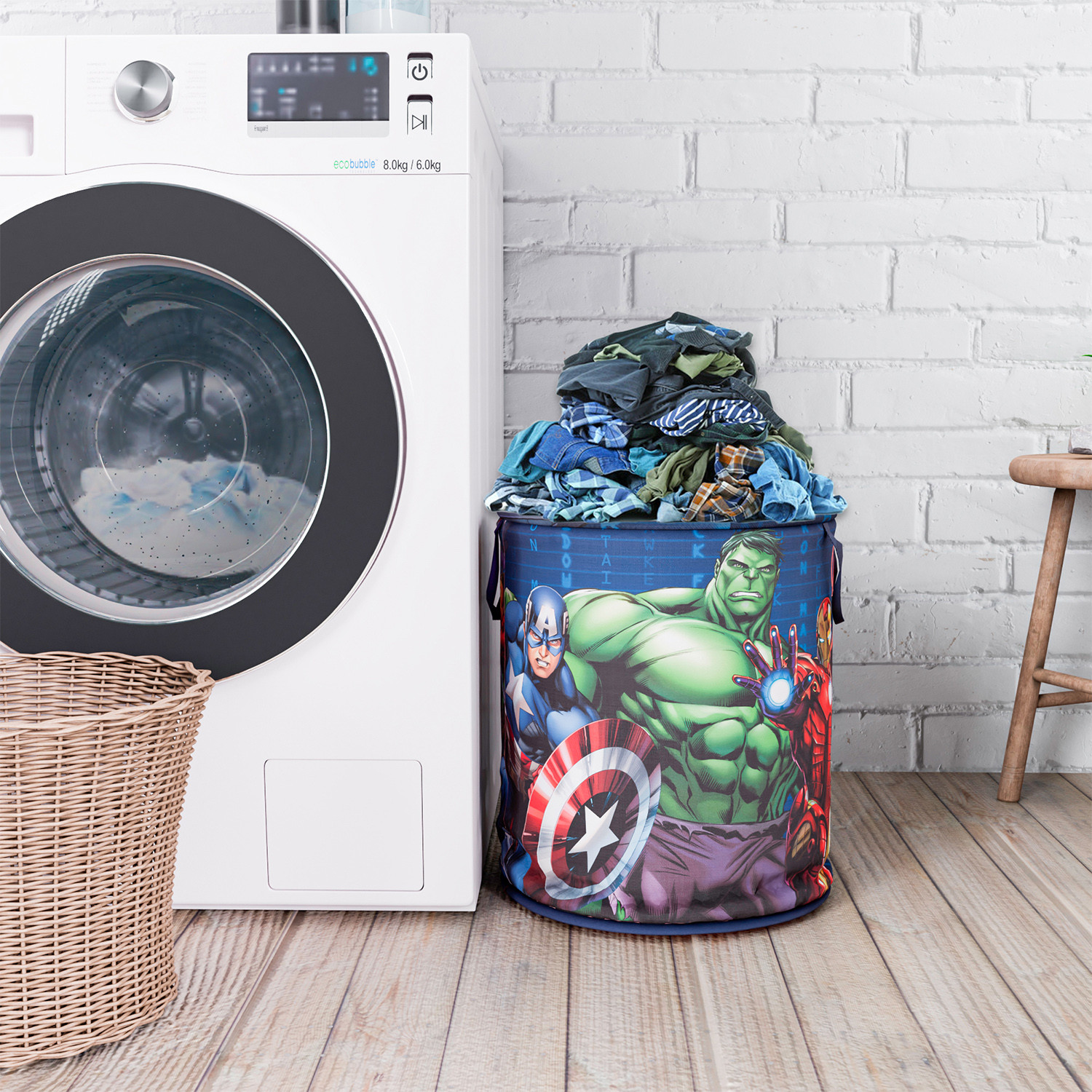Kuber Industries Marvel Avengers Print Round Laundry Basket|Polyester Clothes Hamper|Waterproof & Foldable Round Laundry Bag with Handle,45 Ltr.(Navy Blue)
