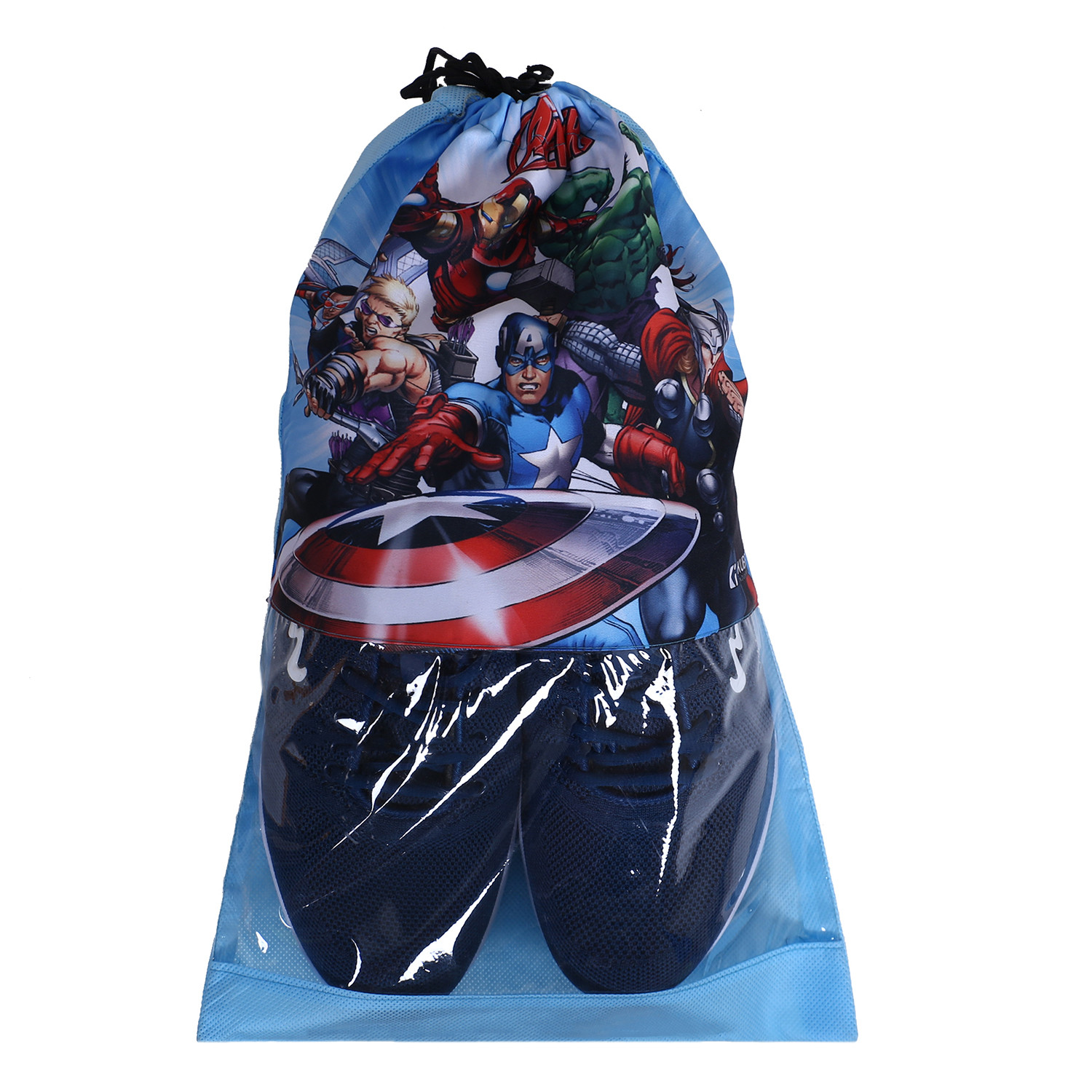 Kuber Industries Marvel Avengers Print Shoe Cover| Non-Woven Dust Proof Shoe Bag|Drawstring Sneakers Organizer & Transparent Front(Sky Blue)
