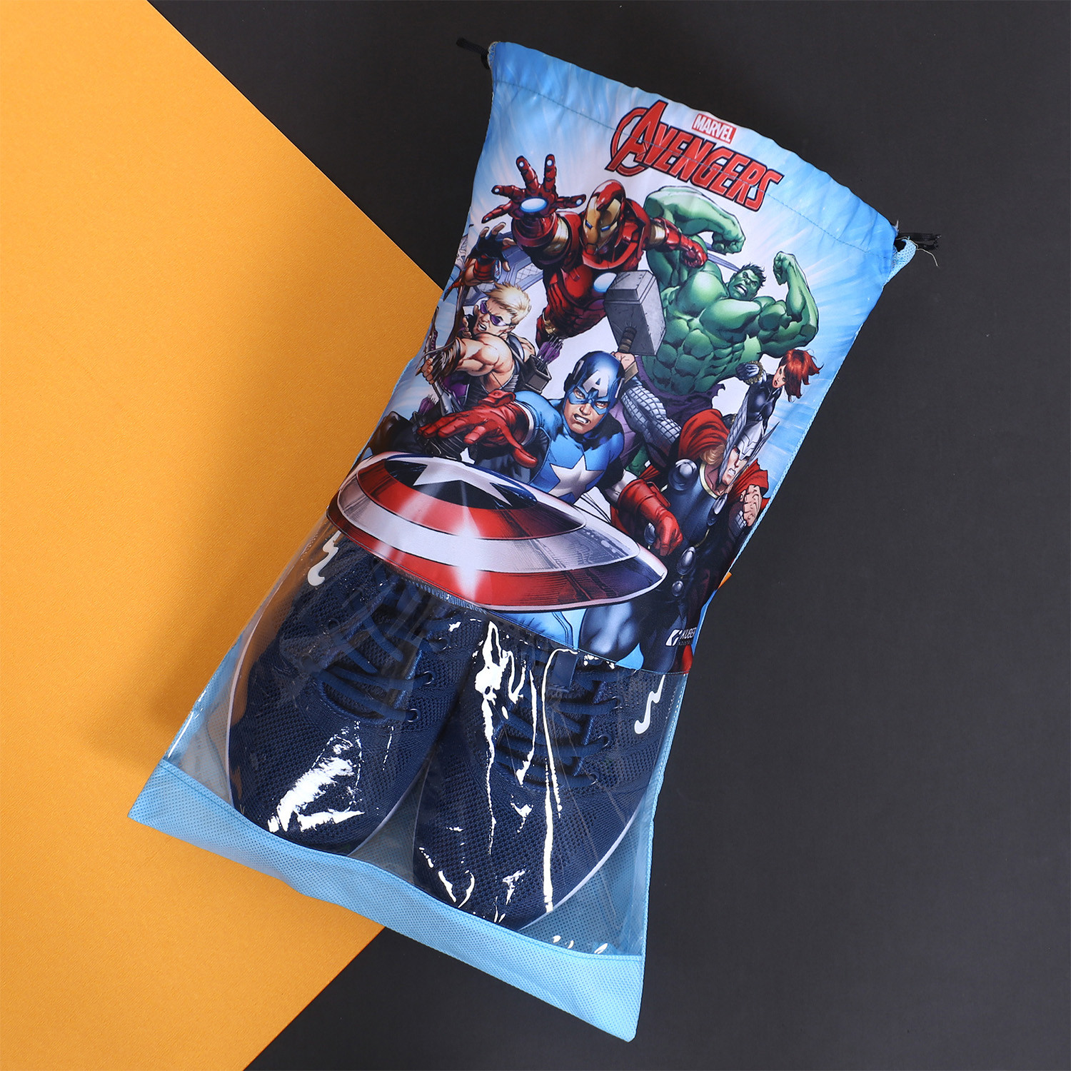 Kuber Industries Marvel Avengers Print Shoe Cover| Non-Woven Dust Proof Shoe Bag|Drawstring Sneakers Organizer & Transparent Front(Sky Blue)