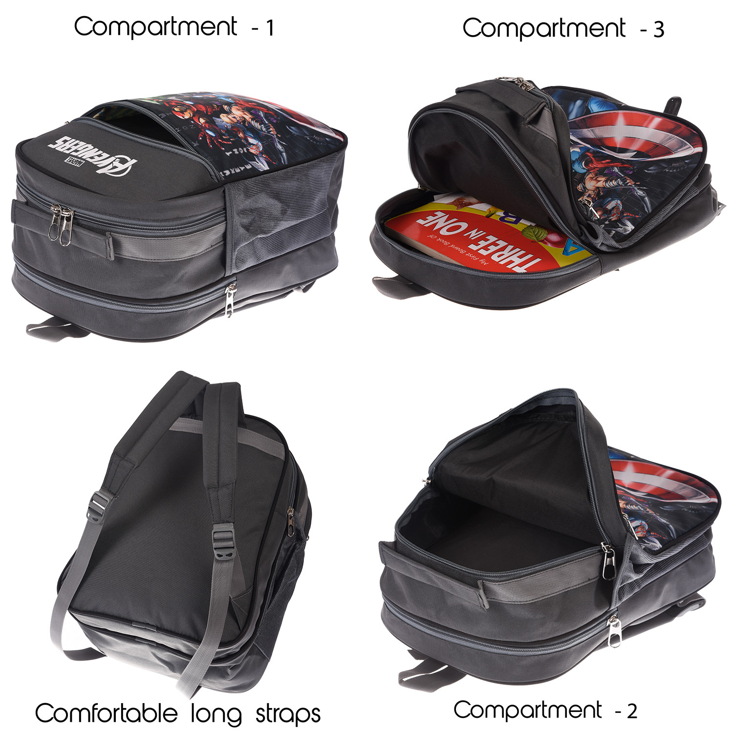 Kuber Industries Marvel-Avengers School Bag | Kids School Bags | Student Bookbag | Spacious School Bag | School Bag for Girls & Boys | School Backpack for Kids | 3 Compartments School Bag | Gray