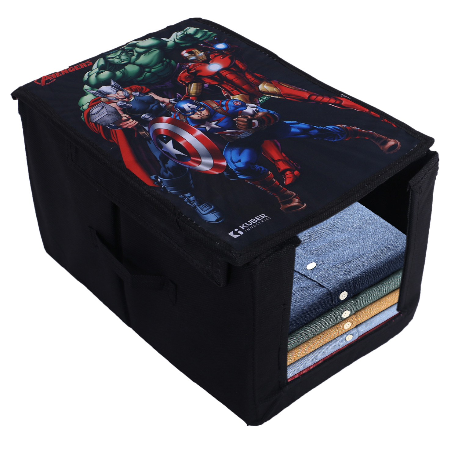 Kuber Industries Marvel Avengers Shirt Stacker|Wardrobe Organizer For Clothes|Non-Woven Wardrobe Organizer for Home With Lid (Black)