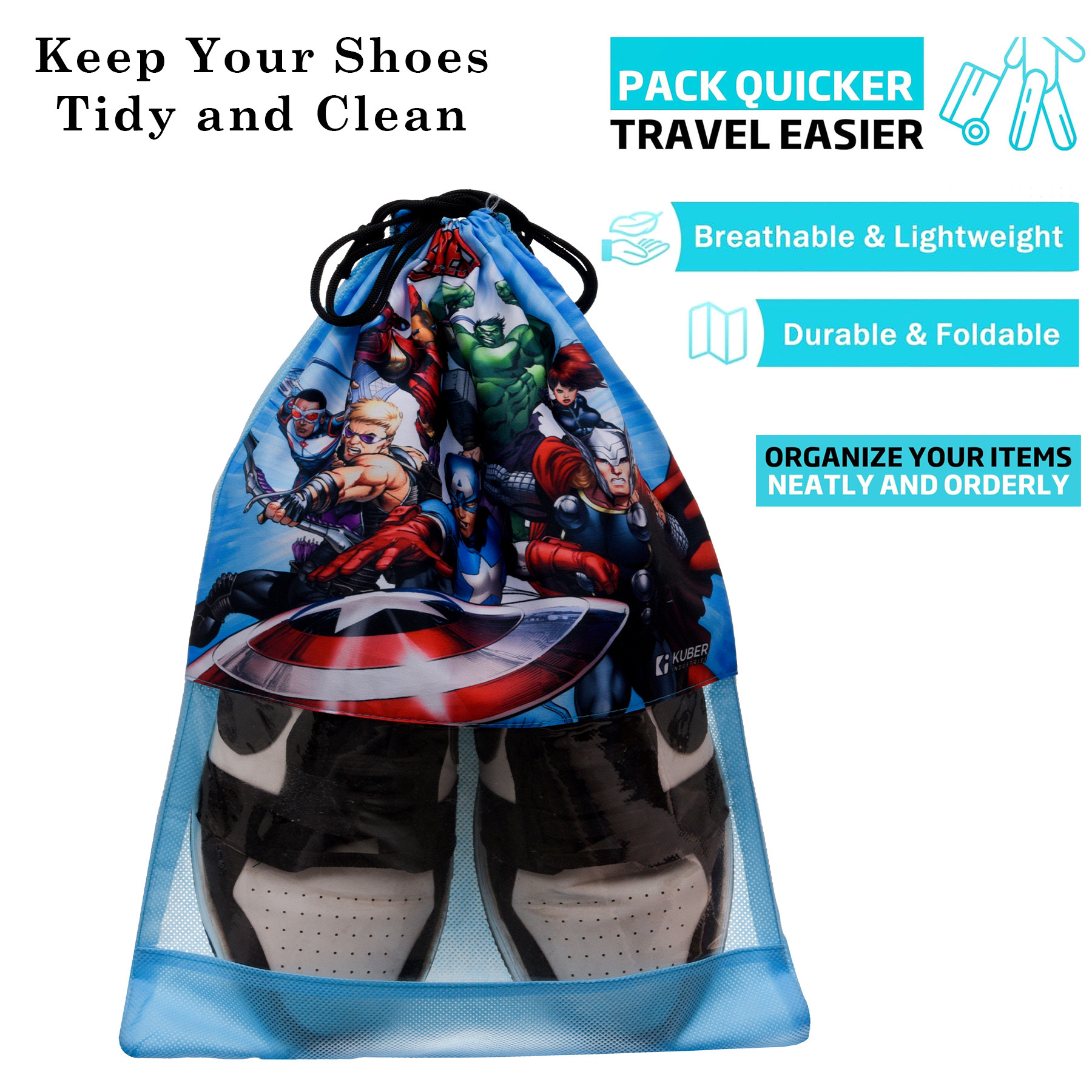 Kuber Industries Marvel Avengers Shoe Cover  Travel Shoe Storage Bags  Polyester Storage Bag  Drawstring Shoe Cover  Shoe Organizer with Clear window  Pack of 6  Sky Blue