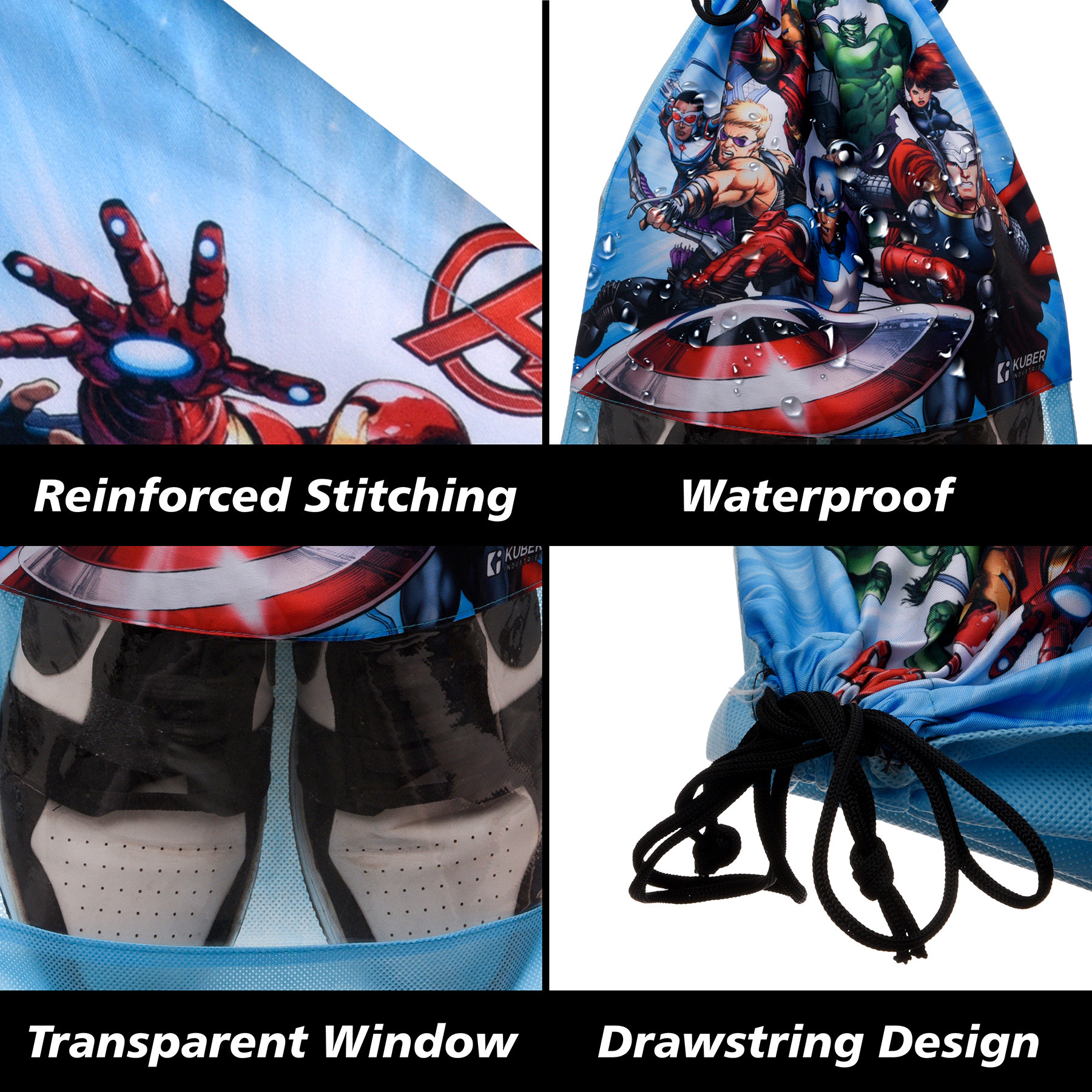Kuber Industries Marvel Avengers Shoe Cover  Travel Shoe Storage Bags  Polyester Storage Bag  Drawstring Shoe Cover  Shoe Organizer with Clear window  Pack of 6  Sky Blue