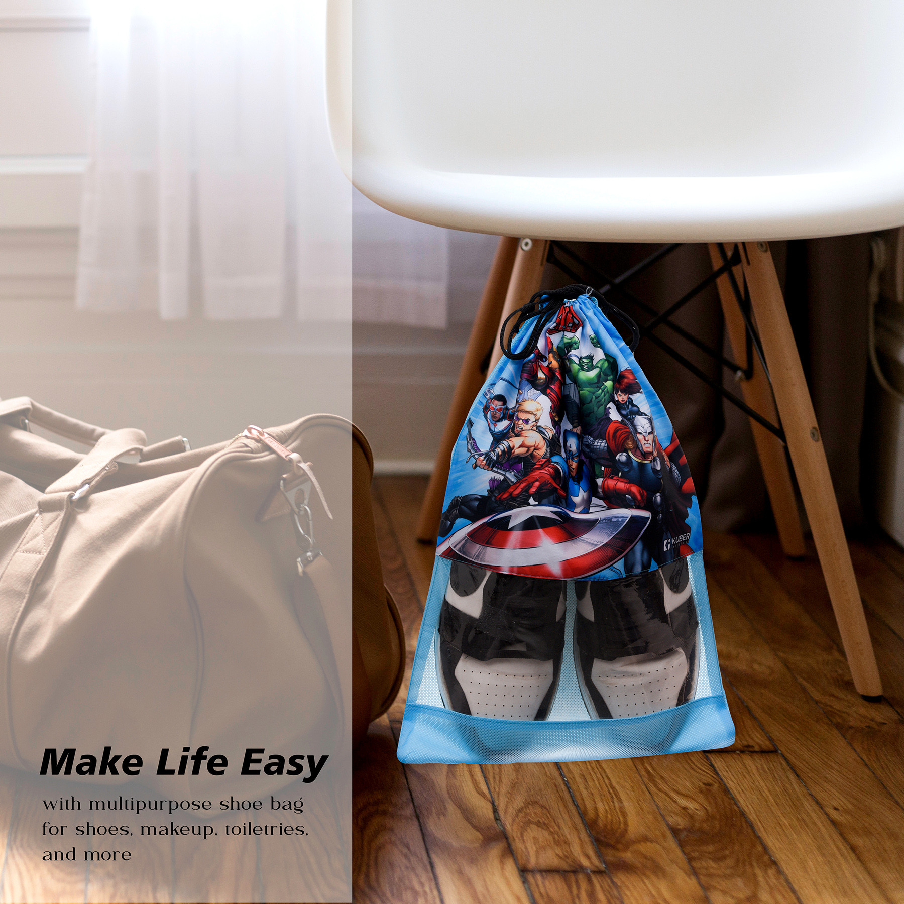 Kuber Industries Marvel Avengers Shoe Cover  Travel Shoe Storage Bags  Polyester Storage Bag  Drawstring Shoe Cover  Shoe Organizer with Clear window  Pack of 6  Sky Blue
