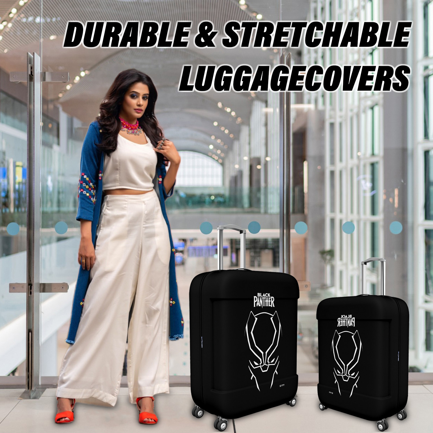 Kuber Industries Marvel Black Panther Luggage Cover  Polyester Travel Suitcase Cover  Washable  Stretchable Suitcase Protector  18-22 Inch    Black