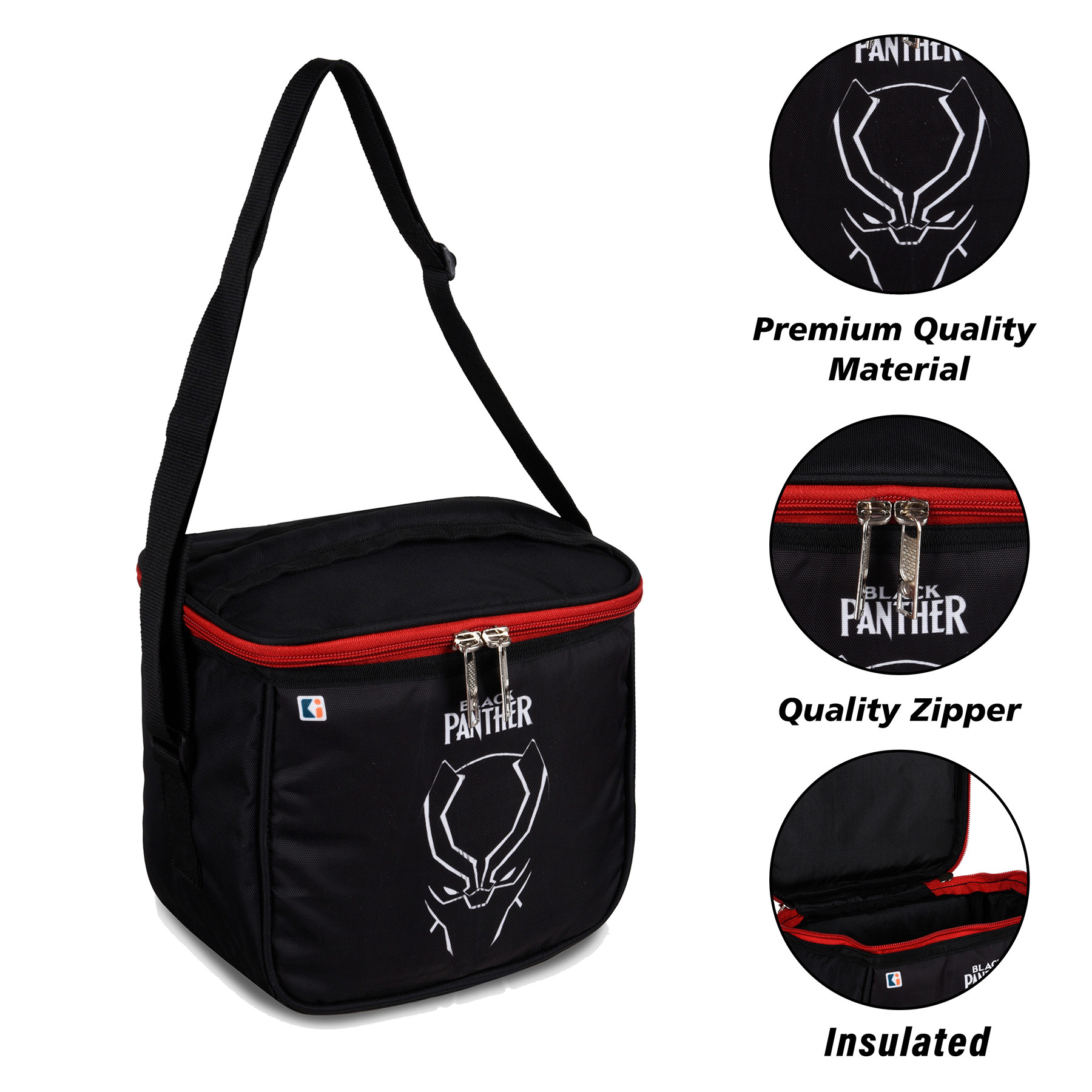 Kuber Industries Marvel Black Panther Lunch Bag  Rexine Waterproof Tiffin Cover  School Lunch Bag  Lunch Bag for Office  Kids Lunch Bag with Handle  Camping Lunch Bag  Black