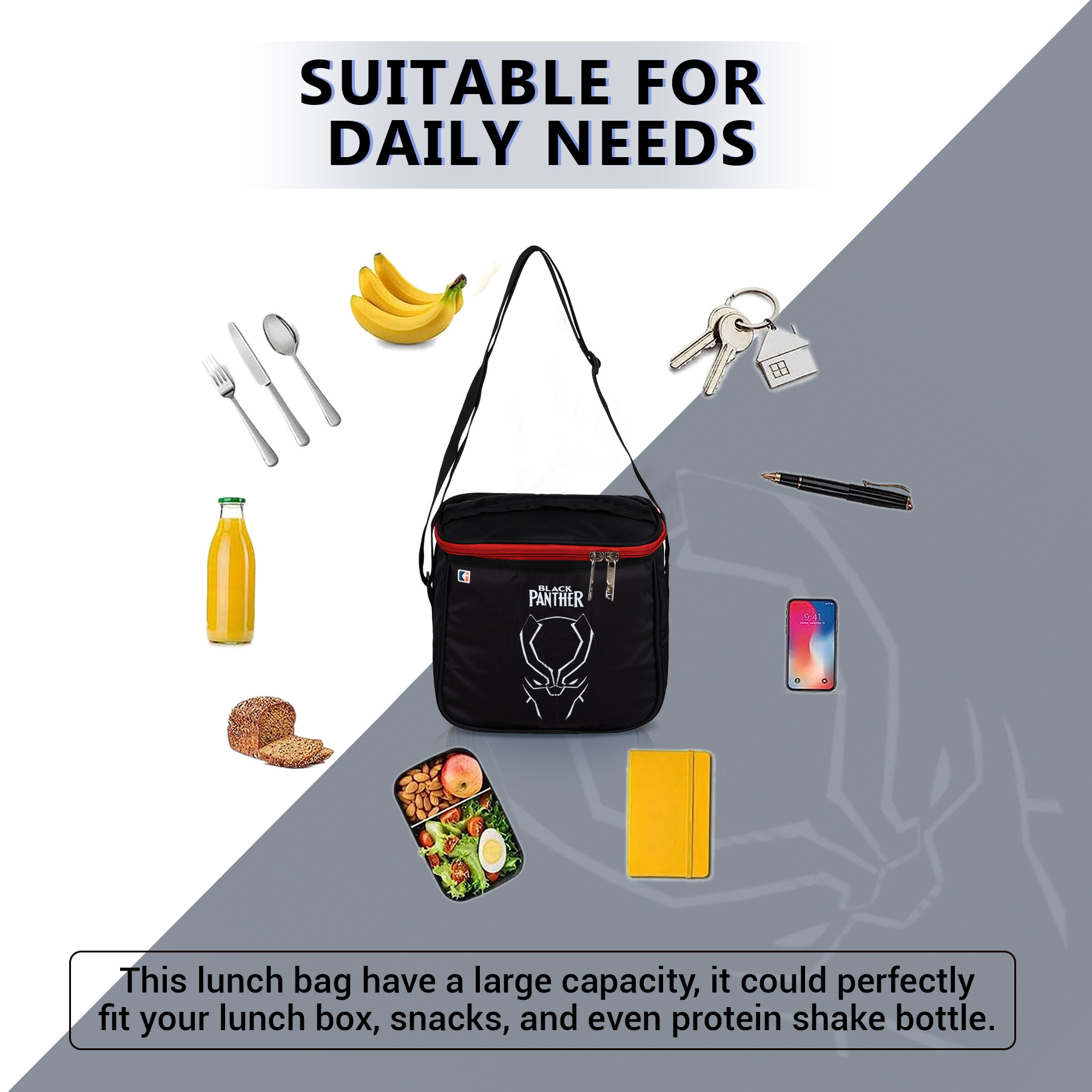 Kuber Industries Marvel Black Panther Lunch Bag  Rexine Waterproof Tiffin Cover  School Lunch Bag  Lunch Bag for Office  Kids Lunch Bag with Handle  Camping Lunch Bag  Black