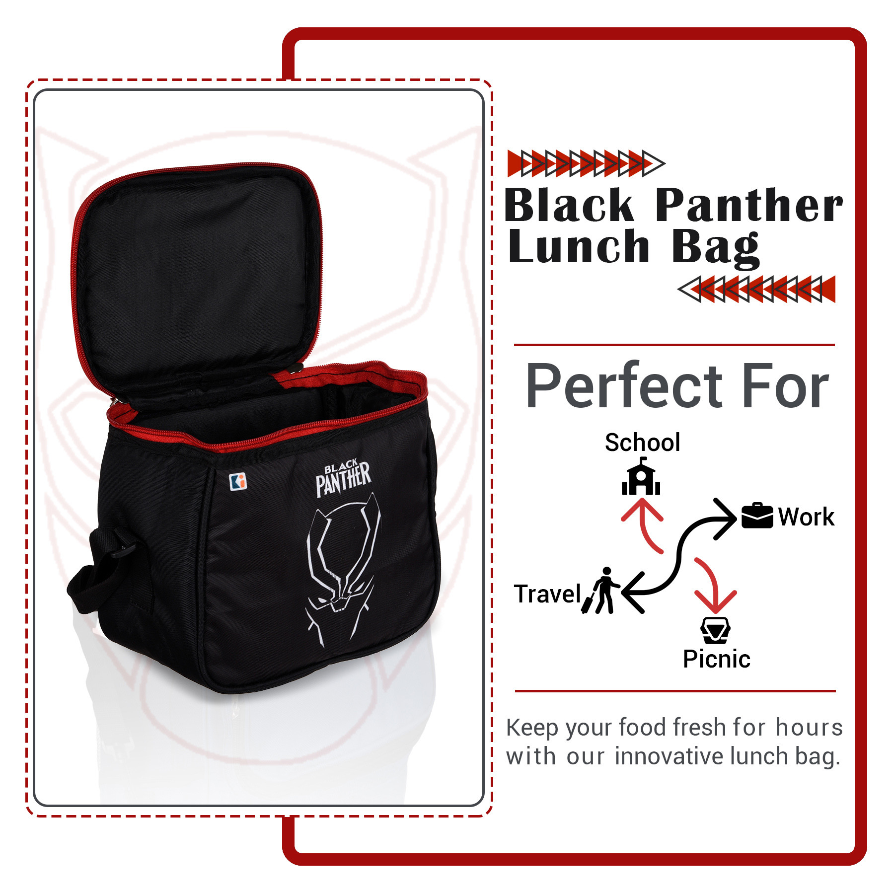 Kuber Industries Marvel Black Panther Lunch Bag | Rexine Waterproof Tiffin Cover | School Lunch Bag | Lunch Bag for Office | Kids Lunch Bag with Handle | Camping Lunch Bag | Black