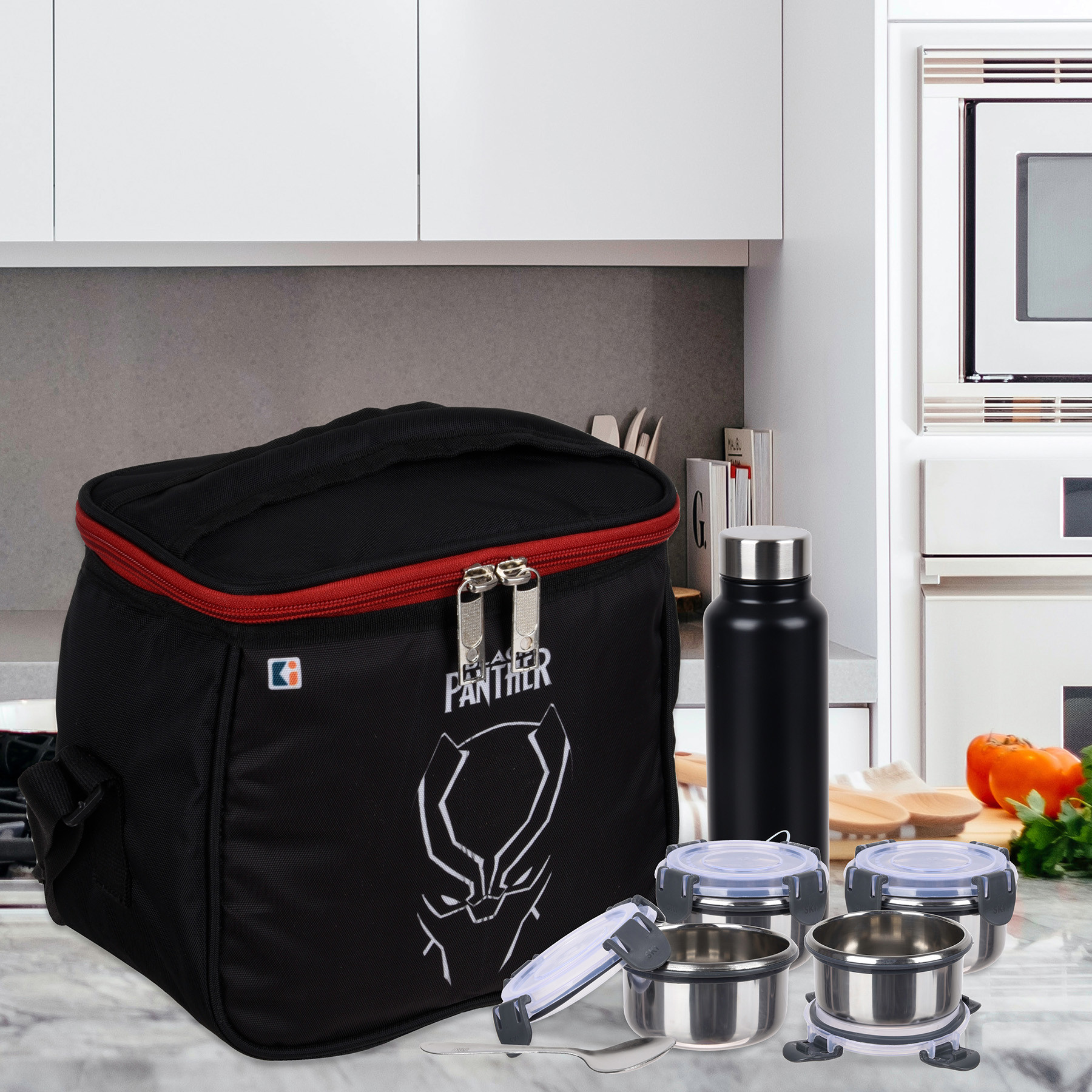 Kuber Industries Marvel Black Panther Lunch Bag | Rexine Waterproof Tiffin Cover | School Lunch Bag | Lunch Bag for Office | Kids Lunch Bag with Handle | Camping Lunch Bag | Black