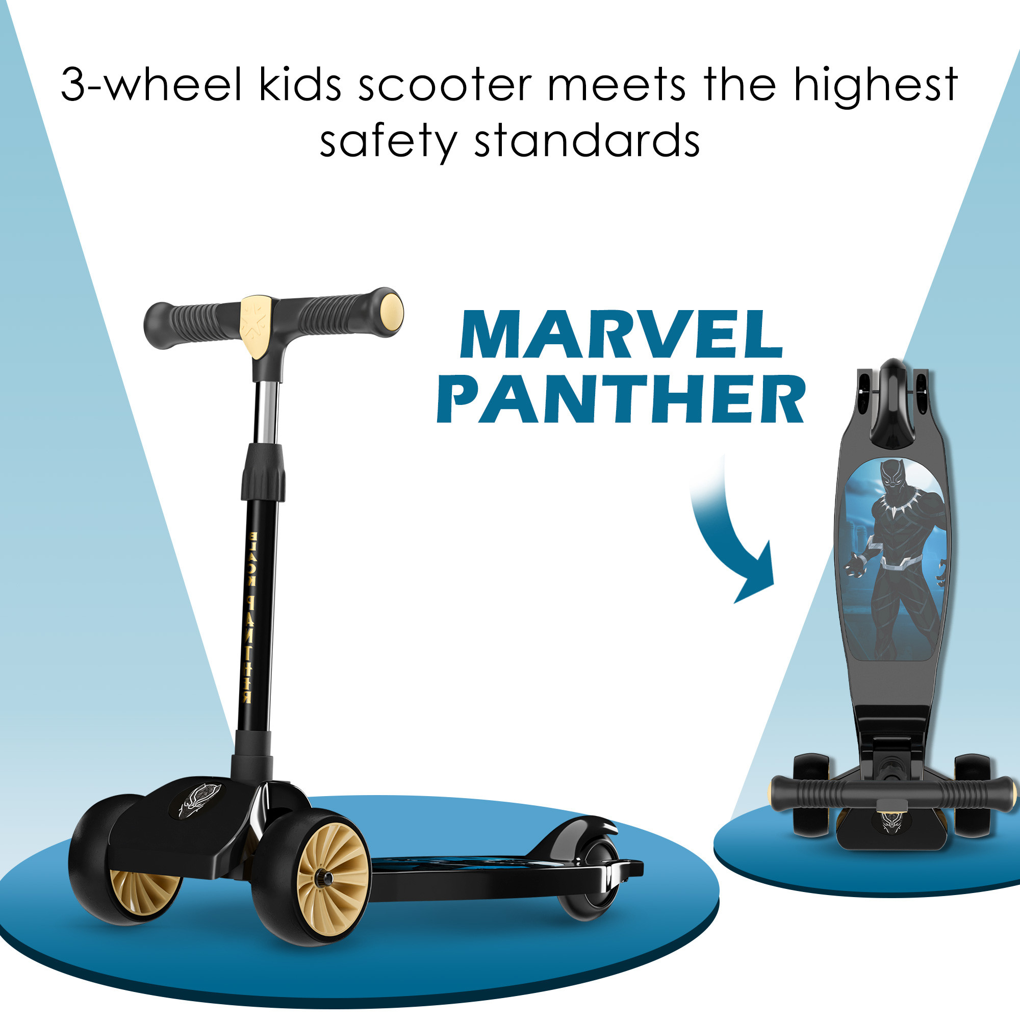 Kuber Industries Marvel Black Panther Plastic Foldable 3-Wheel Kids Scooter for 3 Years Boys and Girls  Weight Capacity Upto 45 Kgs  4-Level Adjustable Height Kick and Skating Scooter  Black