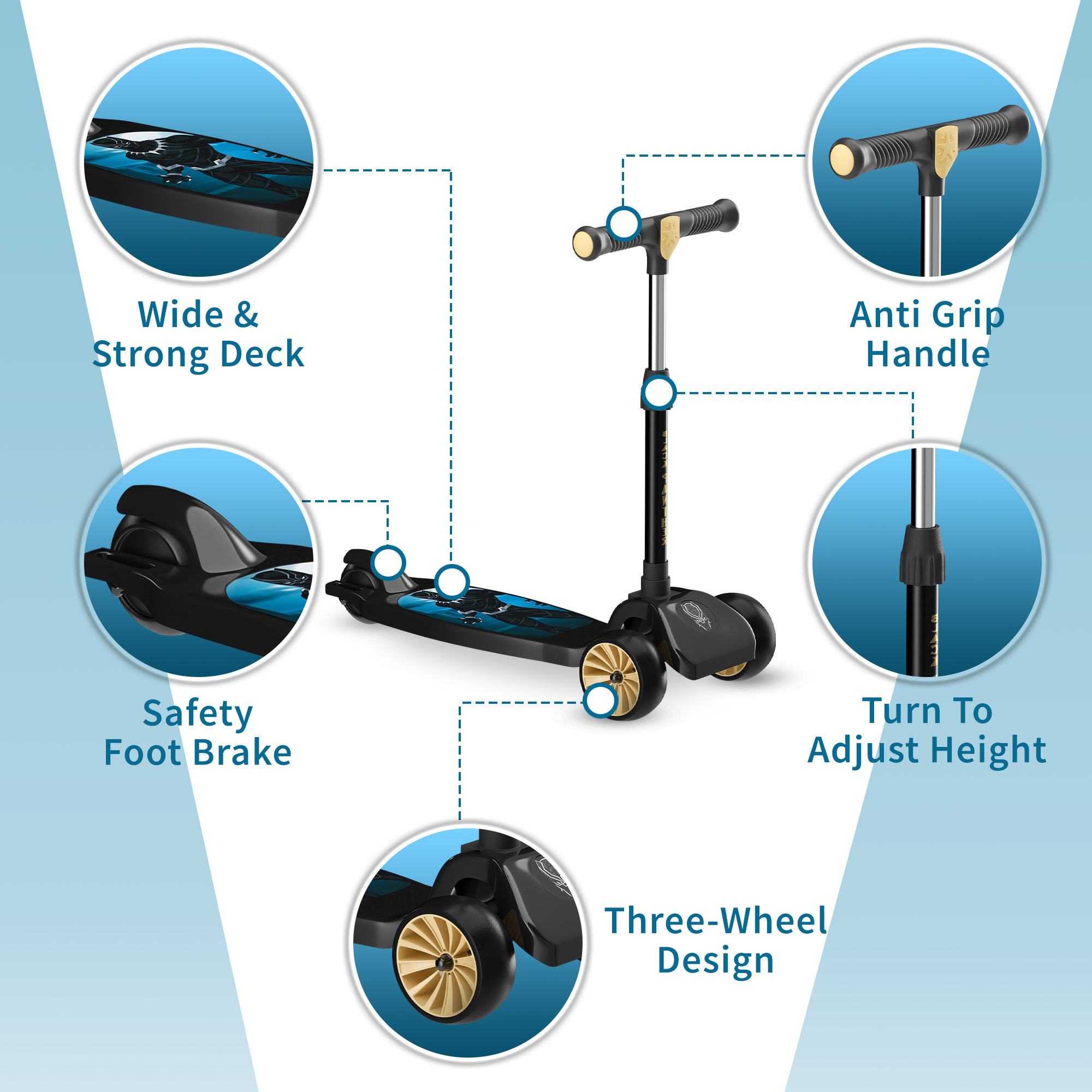 Kuber Industries Marvel Black Panther Plastic Foldable 3-Wheel Kids Scooter for 3 Years Boys and Girls  Weight Capacity Upto 45 Kgs  4-Level Adjustable Height Kick and Skating Scooter  Black