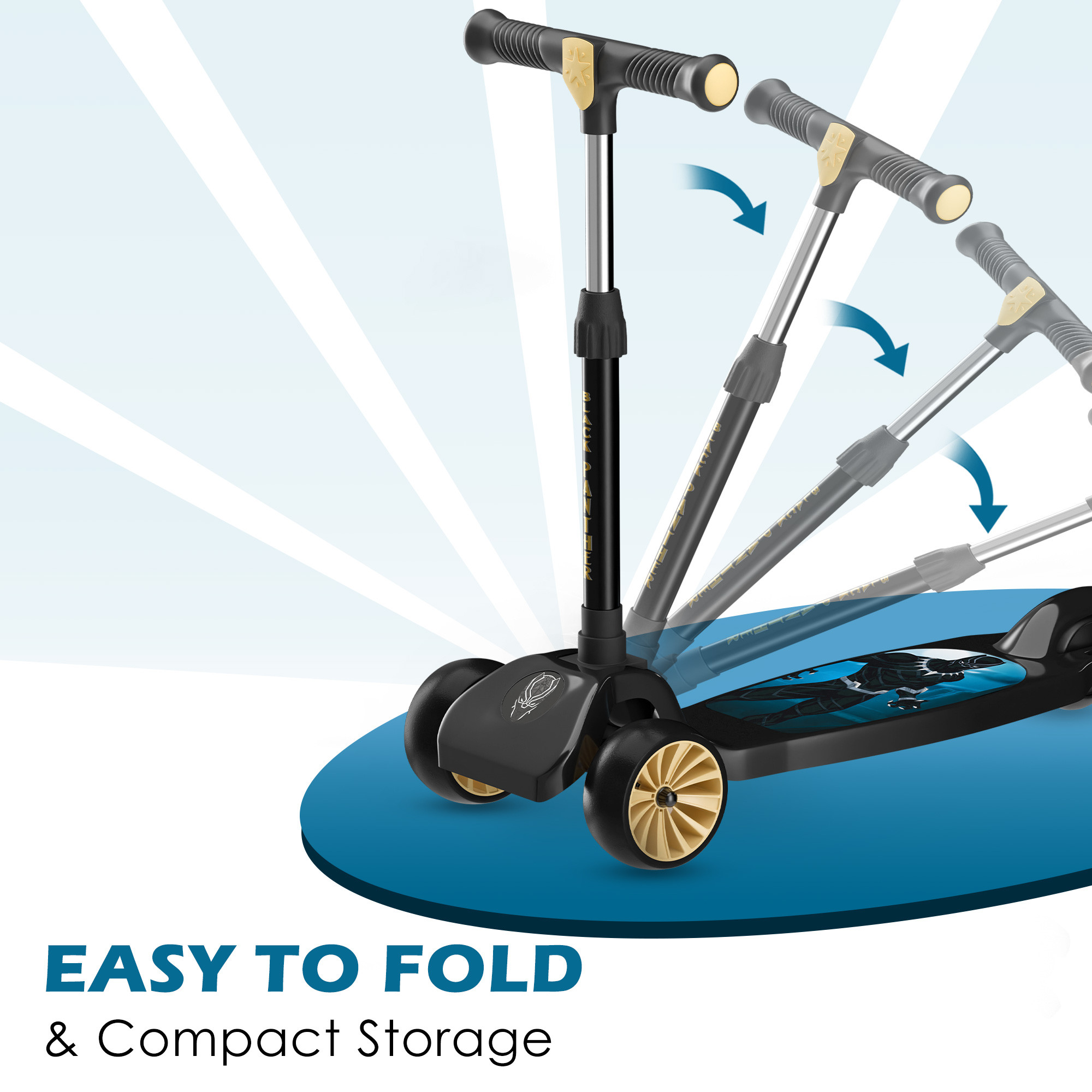 Kuber Industries Marvel Black Panther Plastic Foldable 3-Wheel Kids Scooter for 3 Years Boys and Girls  Weight Capacity Upto 45 Kgs  4-Level Adjustable Height Kick and Skating Scooter  Black