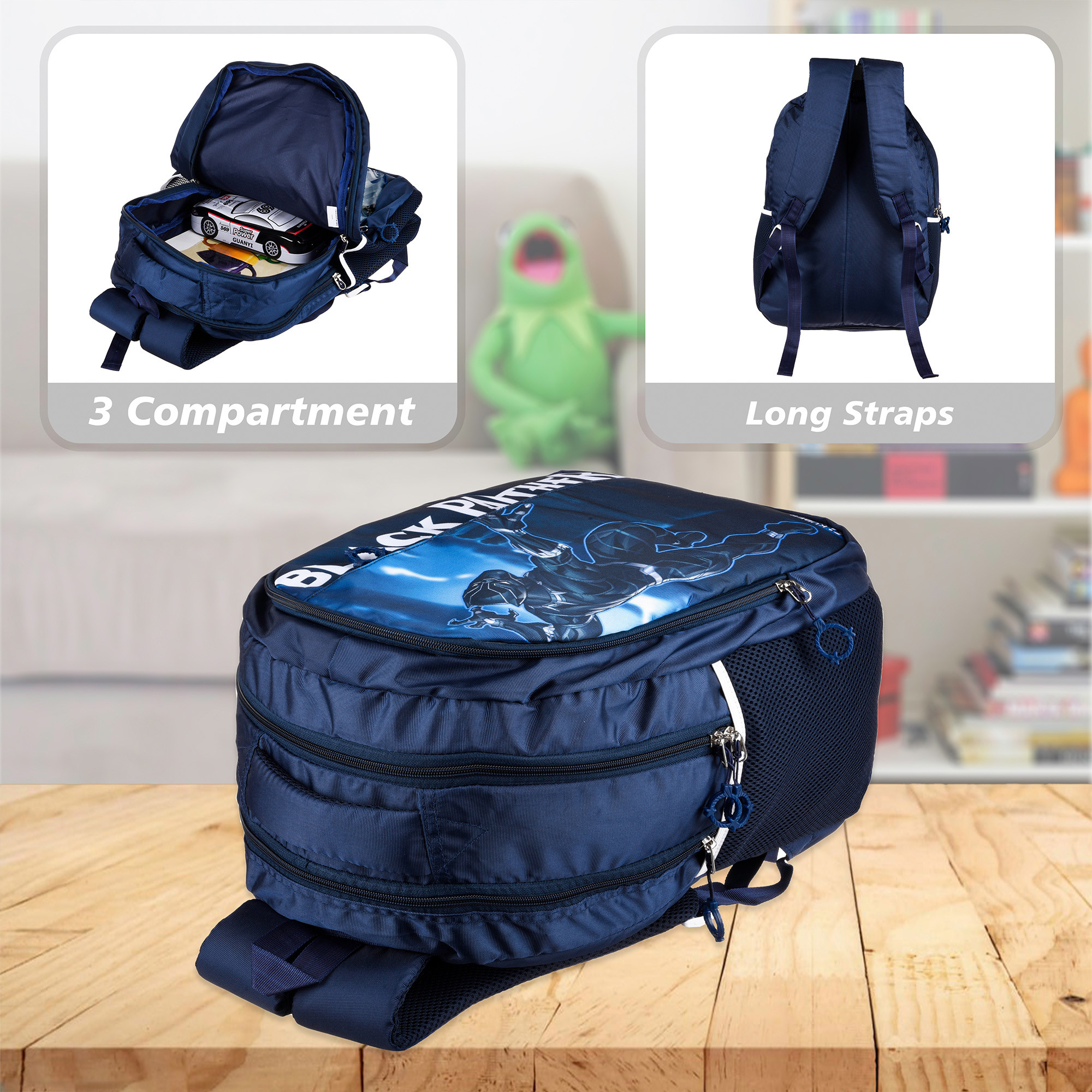 Kuber Industries Marvel Black Panther School Bags  Kids School Bags  Collage Bookbag  Travel Backpack  School Bag for Girls  Boys  School Bag with 5 Compartments  Include Bag Cover  Blue