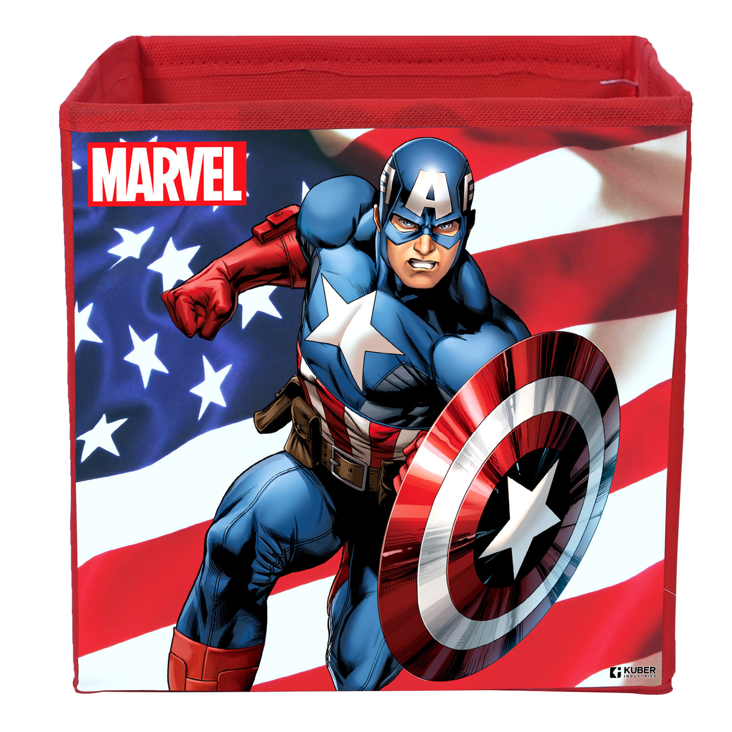 Kuber Industries Marvel Captain America Print Durable & Collapsible Square Storage Box|Clothes Organizer With Handle,.(Red)