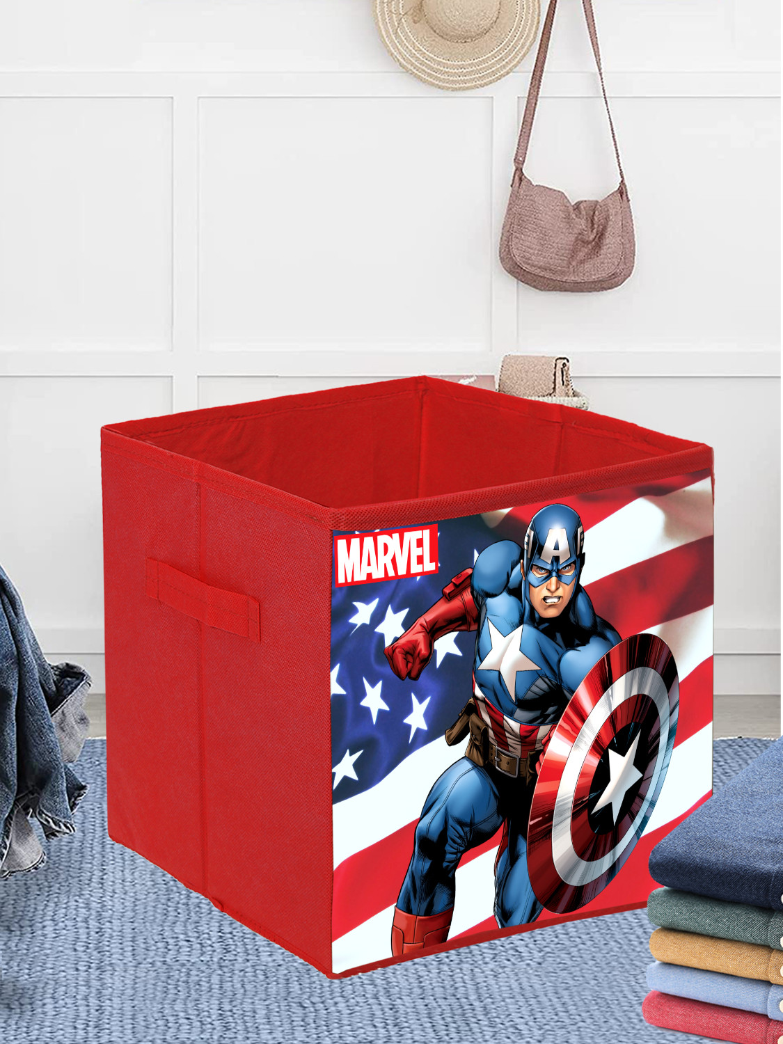 Kuber Industries Marvel Captain America Print Durable & Collapsible Square Storage Box|Clothes Organizer With Handle,.(Red)