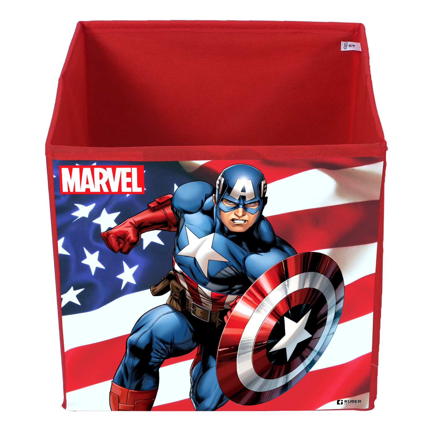 Kuber Industries Marvel Captain America Print Durable & Collapsible Square Storage Box|Clothes Organizer With Handle,.(Red)