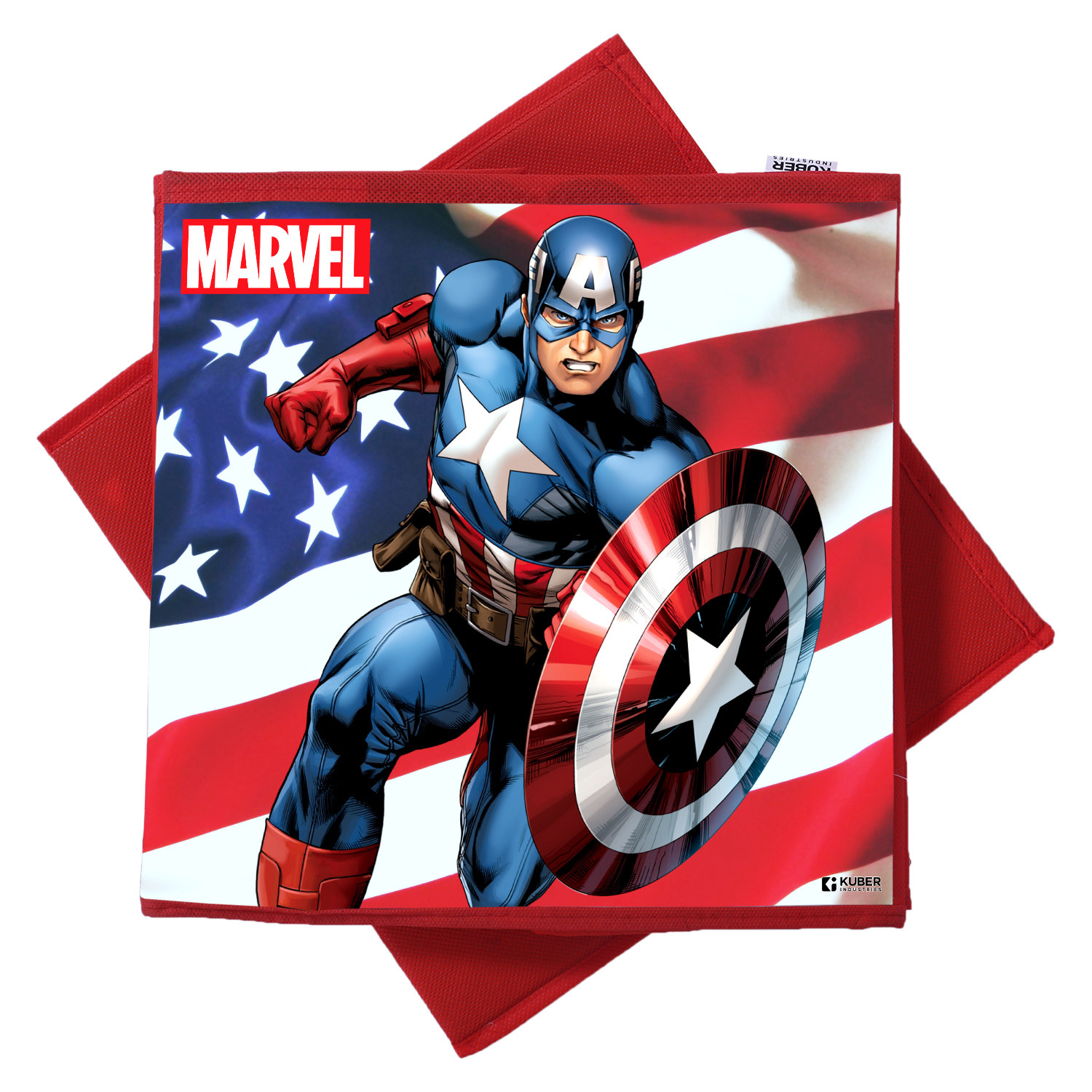 Kuber Industries Marvel Captain America Print Durable & Collapsible Square Storage Box|Clothes Organizer With Handle,.(Red)