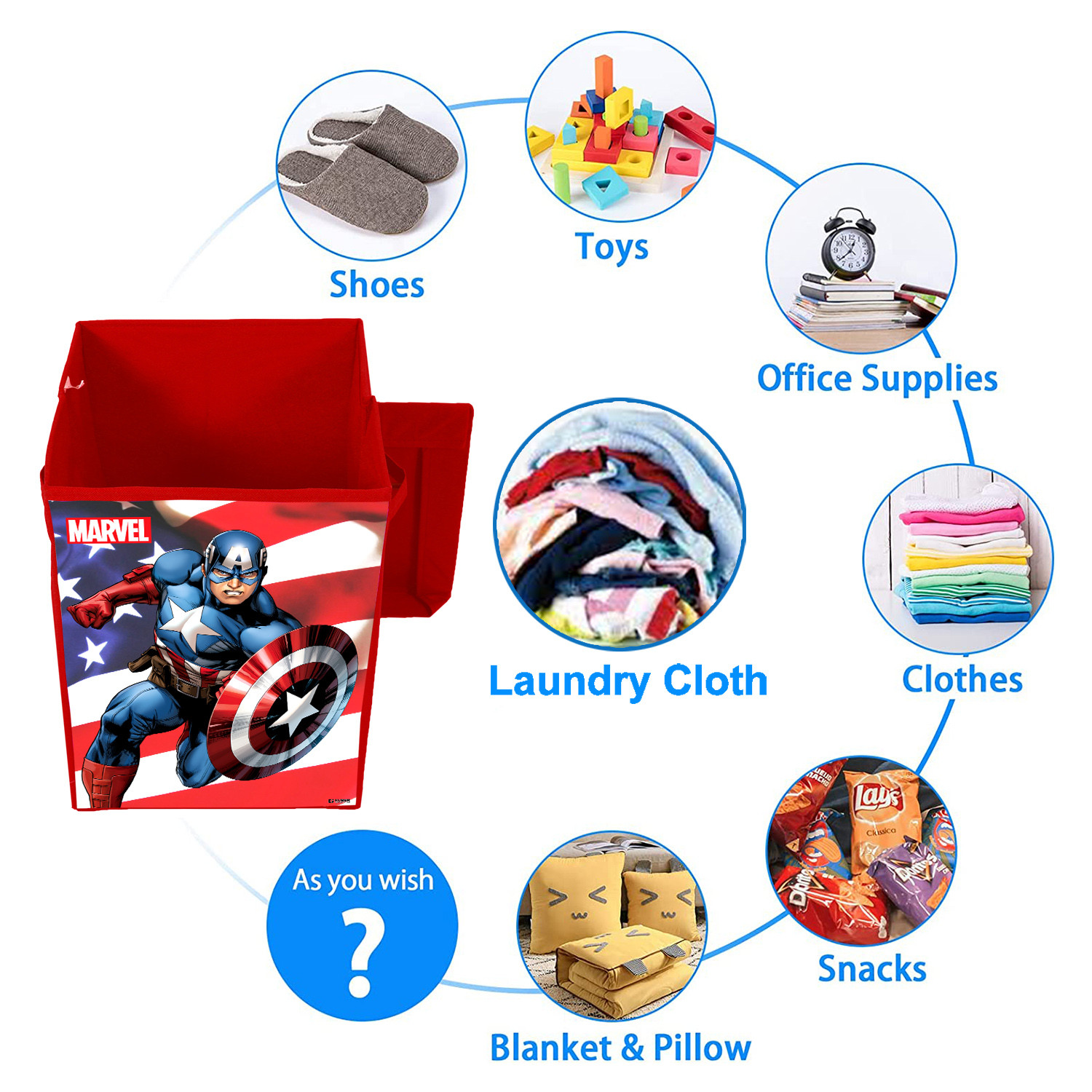 Kuber Industries Marvel Captain America Print Foldable Laundry Basket|Clothes Storage Basket With Handle & Lid,60 Ltr.(Red)