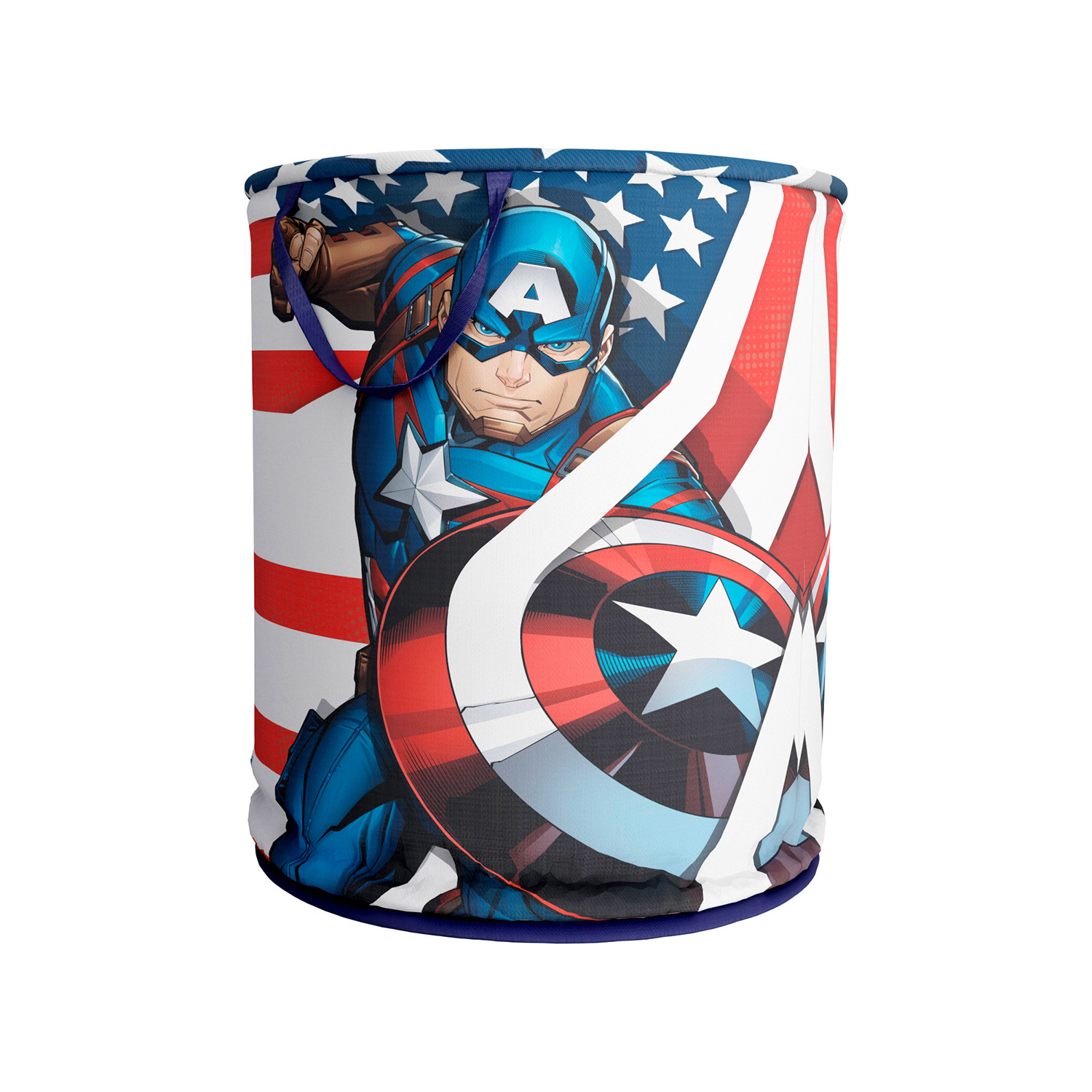 Kuber Industries Marvel Captain America Print Round Laundry Basket|Polyester Clothes Hamper|Waterproof & Foldable Round Laundry Bag with Handle,45 Ltr.(Blue)