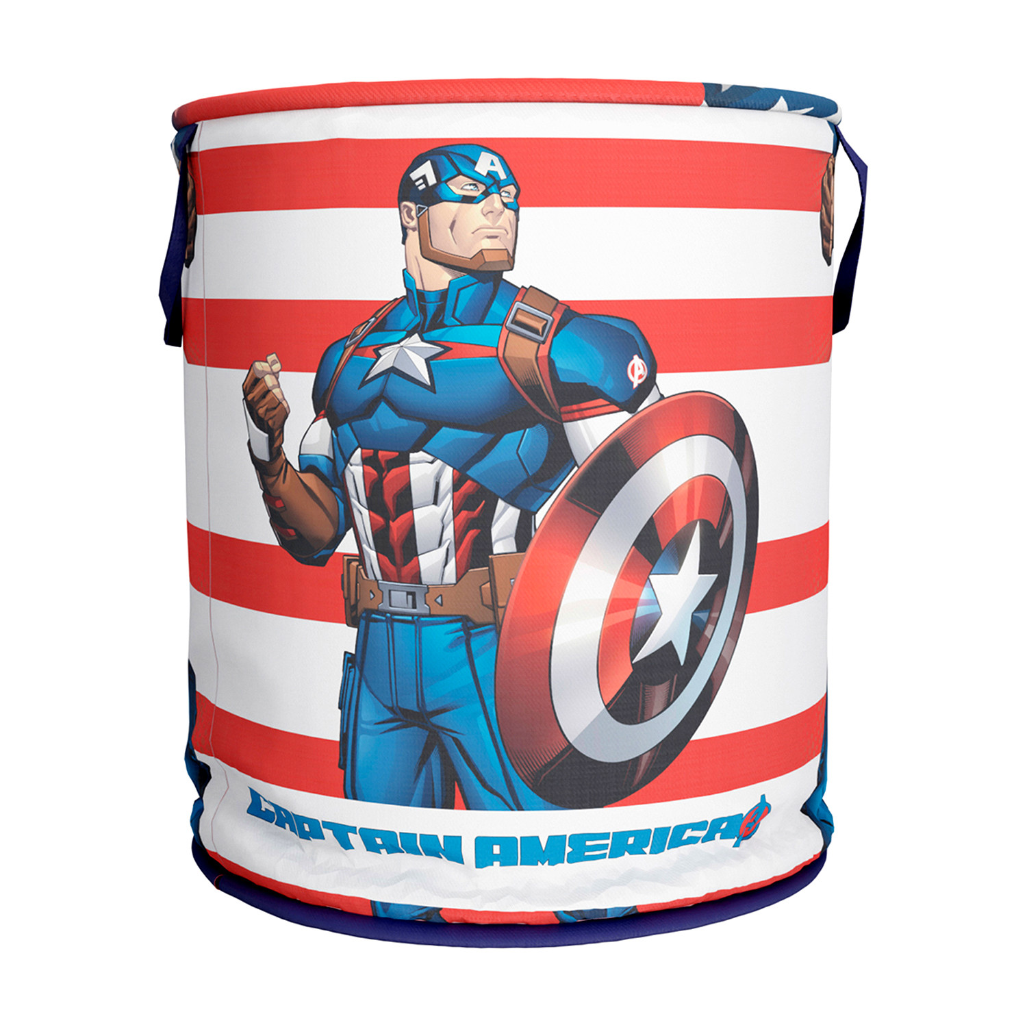 Kuber Industries Marvel Captain America Print Round Laundry Basket|Polyester Clothes Hamper|Waterproof & Foldable Round Laundry Bag with Handle,45 Ltr.(Blue)