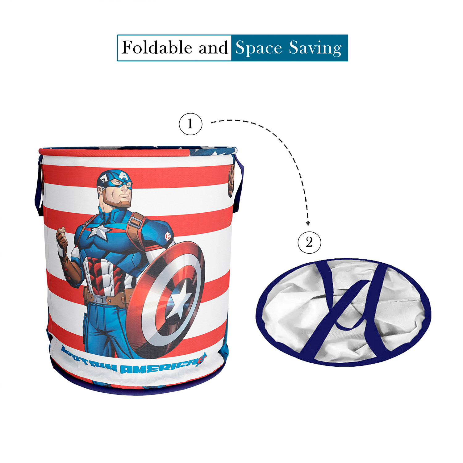 Kuber Industries Marvel Captain America Print Round Laundry Basket|Polyester Clothes Hamper|Waterproof & Foldable Round Laundry Bag with Handle,45 Ltr.(Blue)