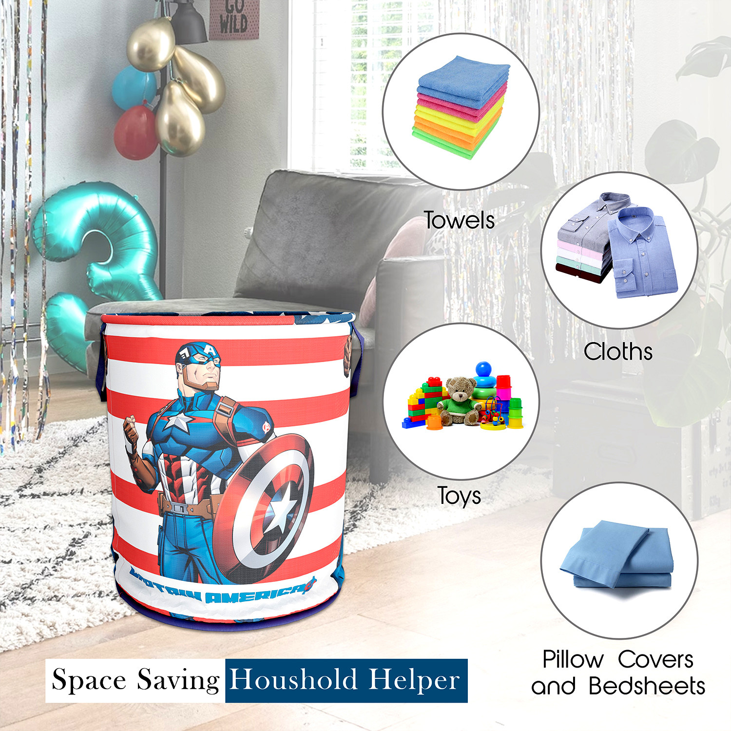 Kuber Industries Marvel Captain America Print Round Laundry Basket|Polyester Clothes Hamper|Waterproof & Foldable Round Laundry Bag with Handle,45 Ltr.(Blue)