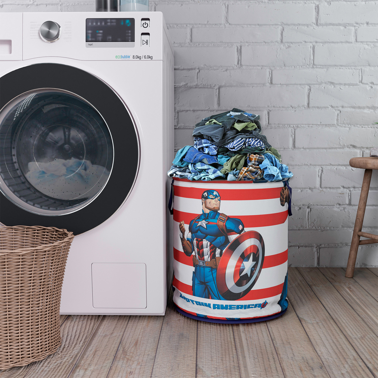 Kuber Industries Marvel Captain America Print Round Laundry Basket|Polyester Clothes Hamper|Waterproof & Foldable Round Laundry Bag with Handle,45 Ltr.(Blue)