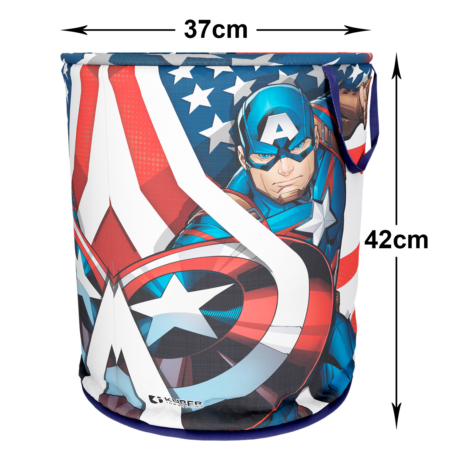 Kuber Industries Marvel Captain America Print Round Laundry Basket|Polyester Clothes Hamper|Waterproof & Foldable Round Laundry Bag with Handle,45 Ltr.(Blue)