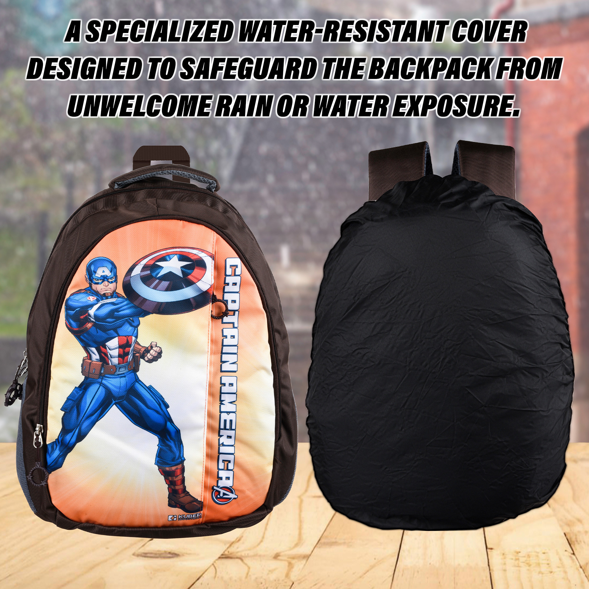 Kuber Industries Marvel Captain America School Bags  Kids School Bags  Collage Bookbag  Travel Backpack  School Bag for Girls  Boys  School Bag with 5 Compartments  Include Bag Cover  Brown