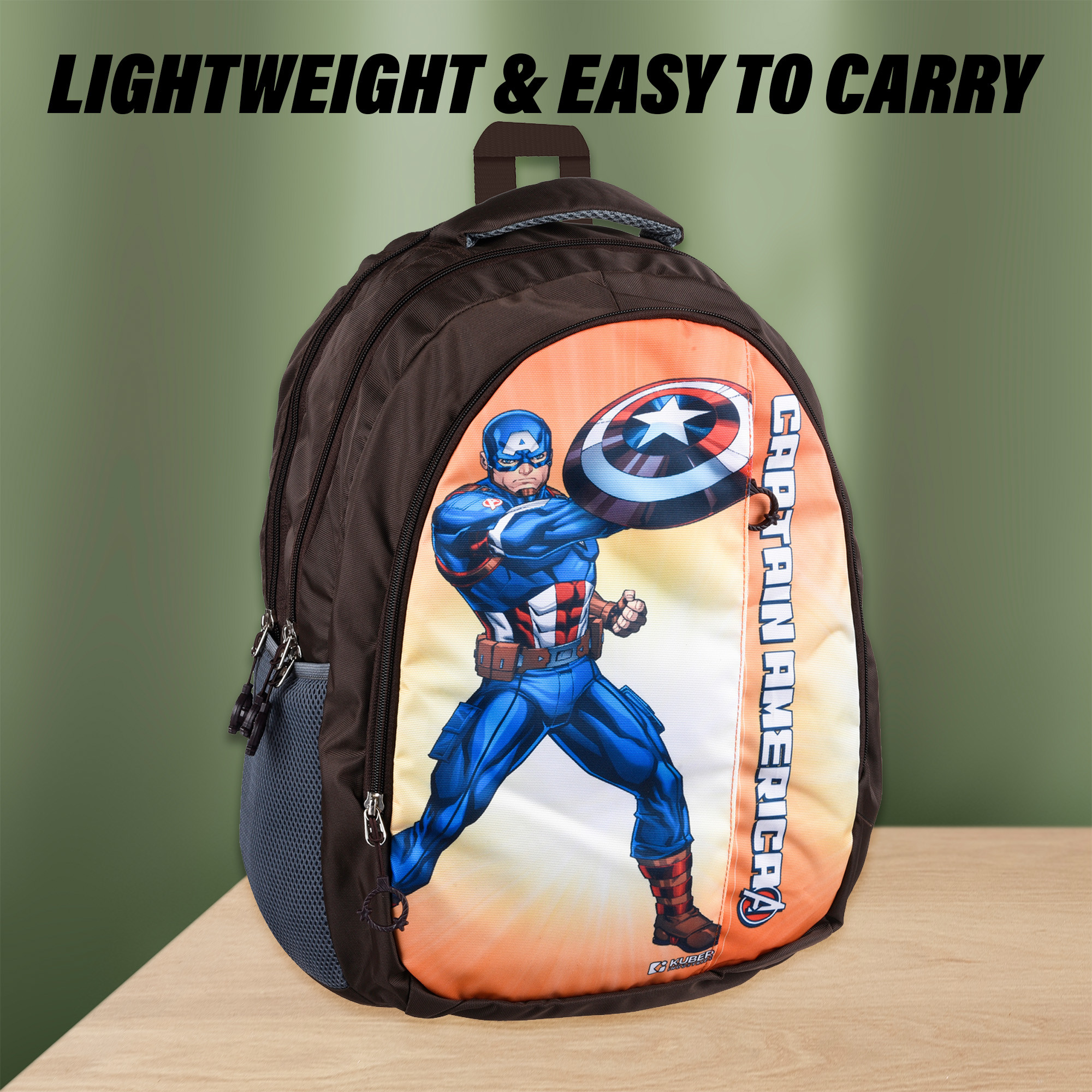 Kuber Industries Marvel Captain America School Bags  Kids School Bags  Collage Bookbag  Travel Backpack  School Bag for Girls  Boys  School Bag with 5 Compartments  Include Bag Cover  Brown