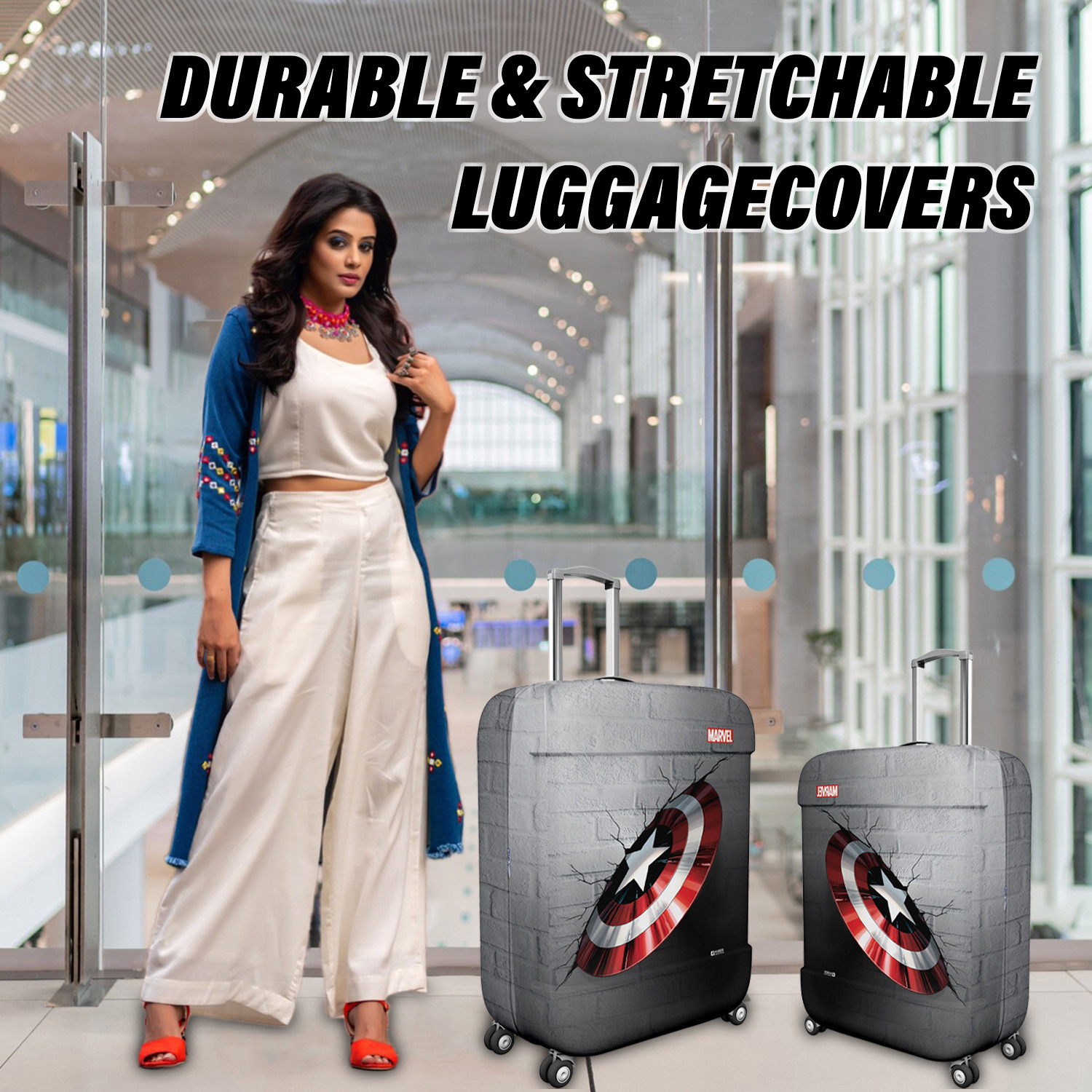 Kuber Industries Marvel Captain America Shield Luggage Cover  Polyester Travel Suitcase Cover  Washable  Stretchable Suitcase Protector  18-22 Inch    Gray