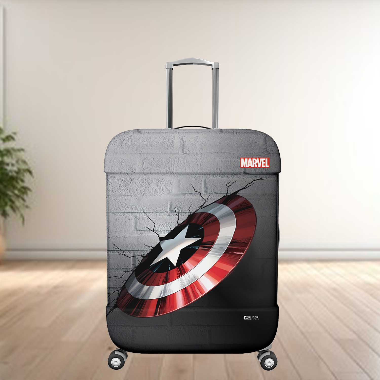 Kuber Industries Marvel Captain America Shield Luggage Cover  Polyester Travel Suitcase Cover  Washable  Stretchable Suitcase Protector  18-22 Inch  Small  Gray