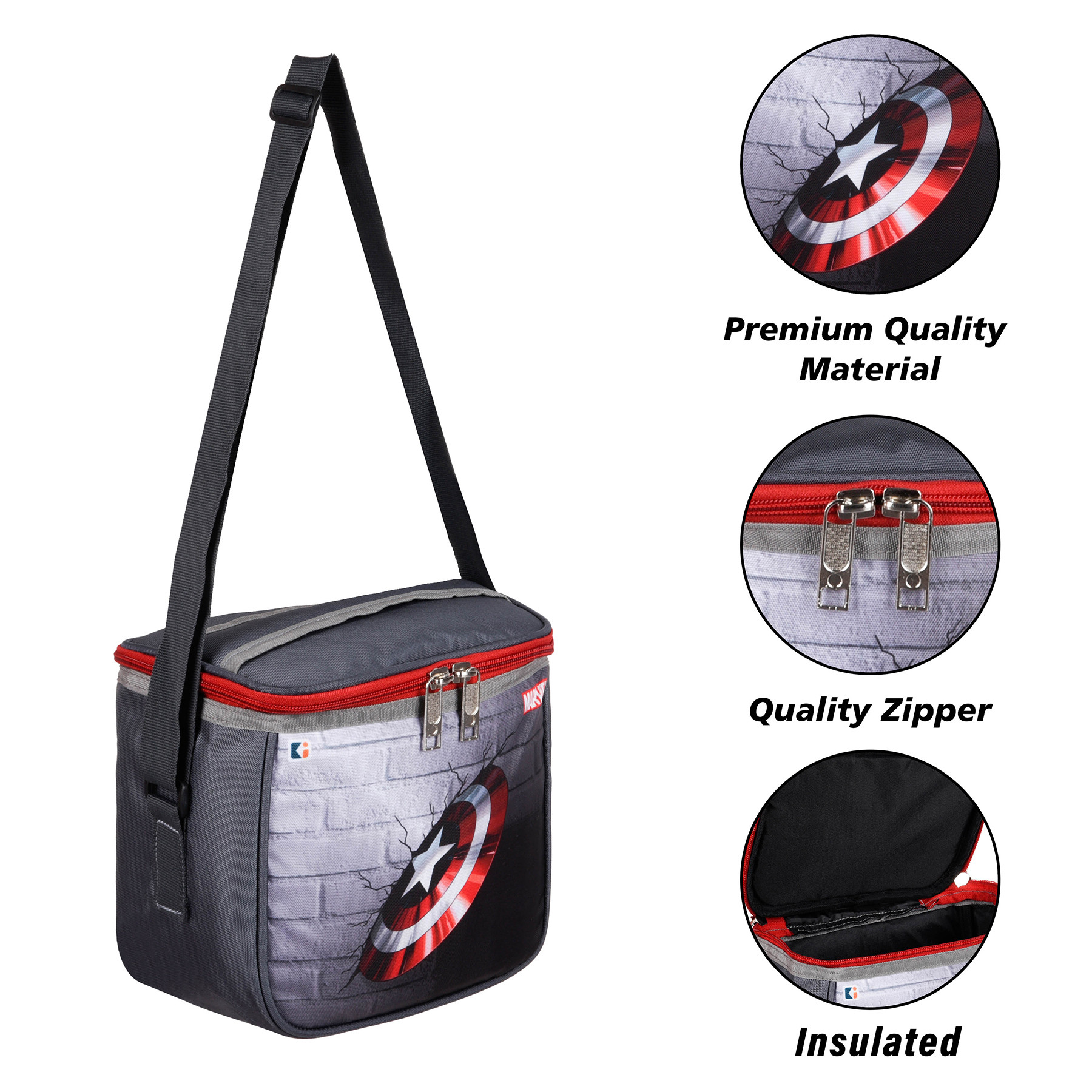 Kuber Industries Marvel Captain America Shield Lunch Bag  Rexine Waterproof Tiffin Cover  School Lunch Bag  Lunch Bag for Office  Kids Lunch Bag with Handle  Camping Lunch Bag  Gray