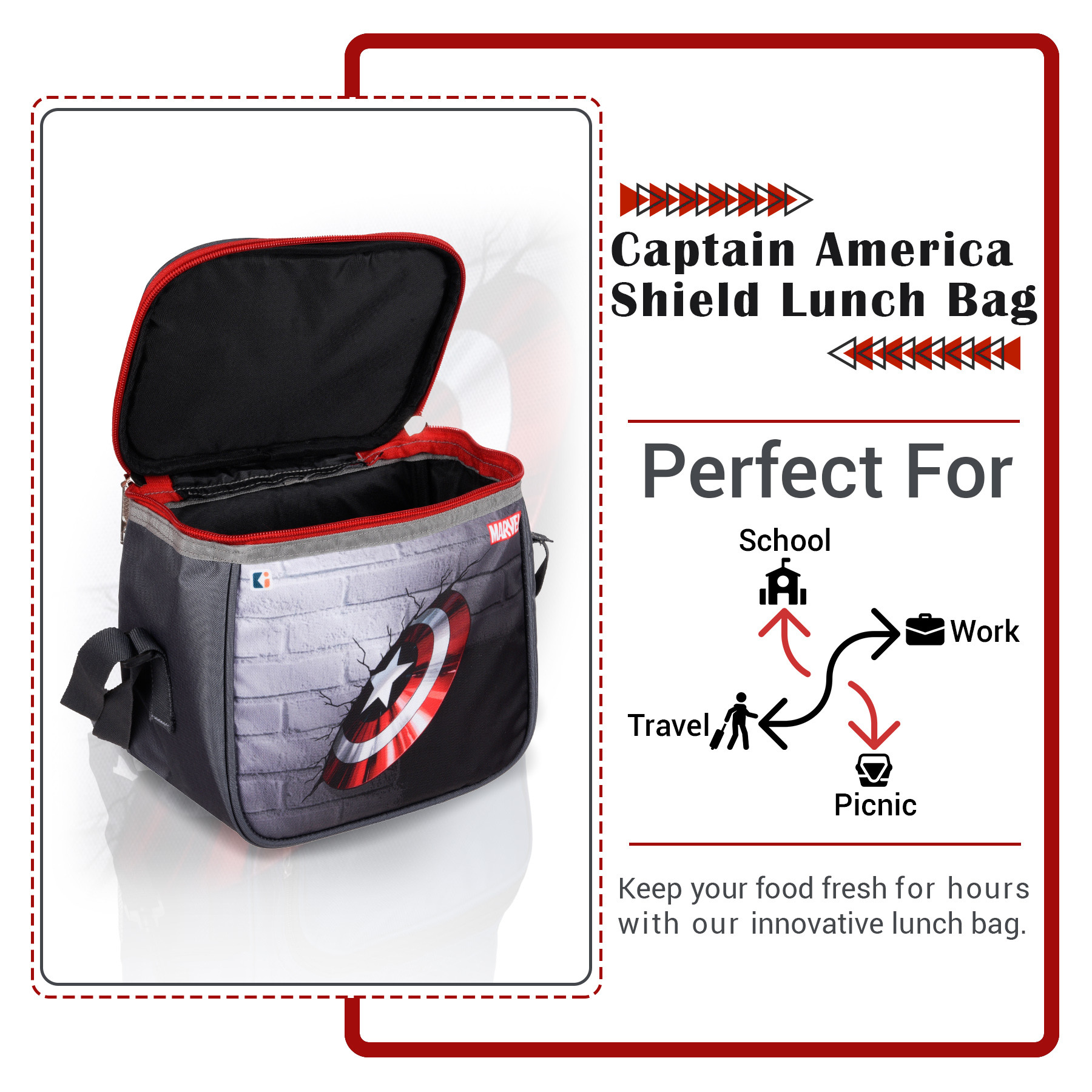 Kuber Industries Marvel Captain America Shield Lunch Bag  Rexine Waterproof Tiffin Cover  School Lunch Bag  Lunch Bag for Office  Kids Lunch Bag with Handle  Camping Lunch Bag  Gray