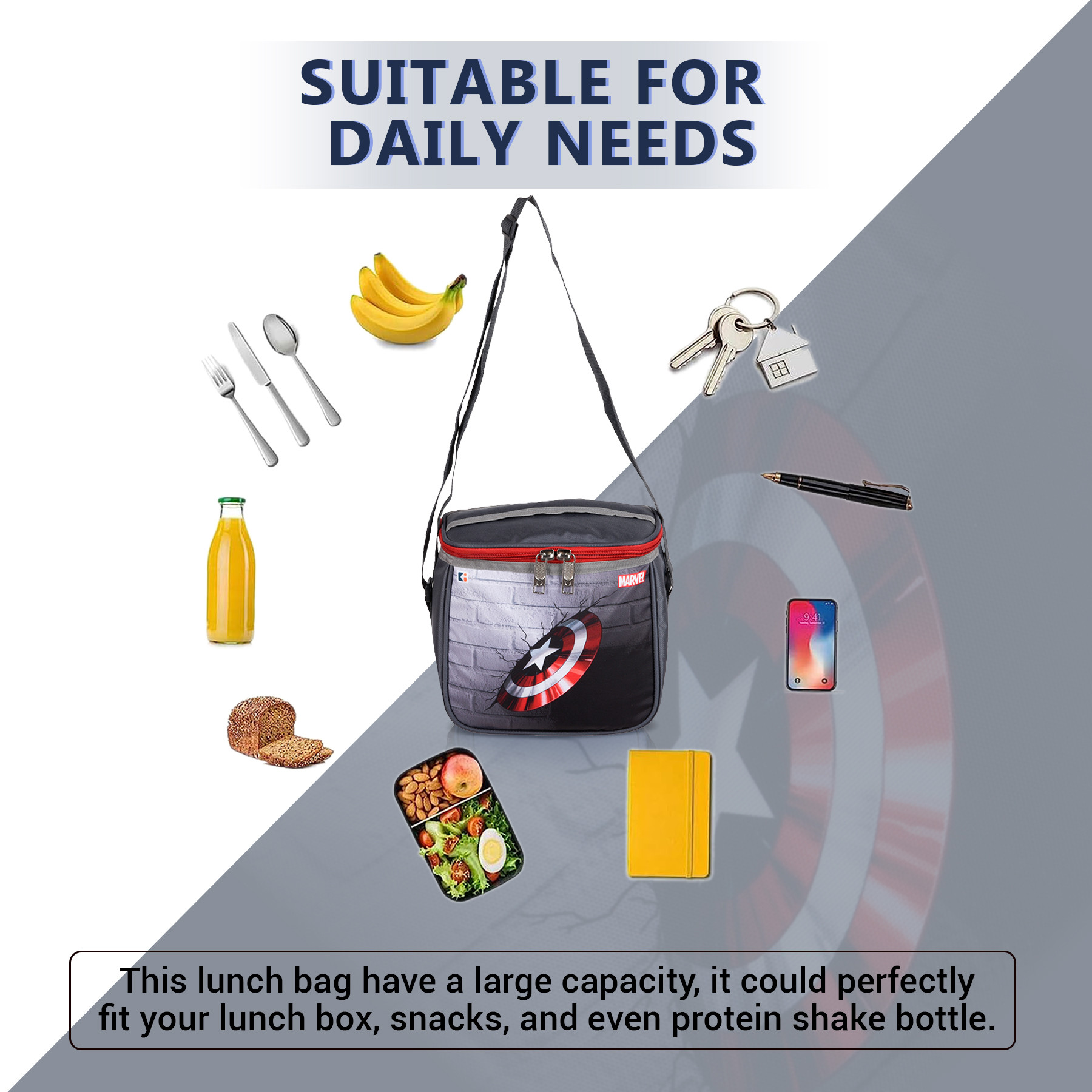 Kuber Industries Marvel Captain America Shield Lunch Bag  Rexine Waterproof Tiffin Cover  School Lunch Bag  Lunch Bag for Office  Kids Lunch Bag with Handle  Camping Lunch Bag  Gray