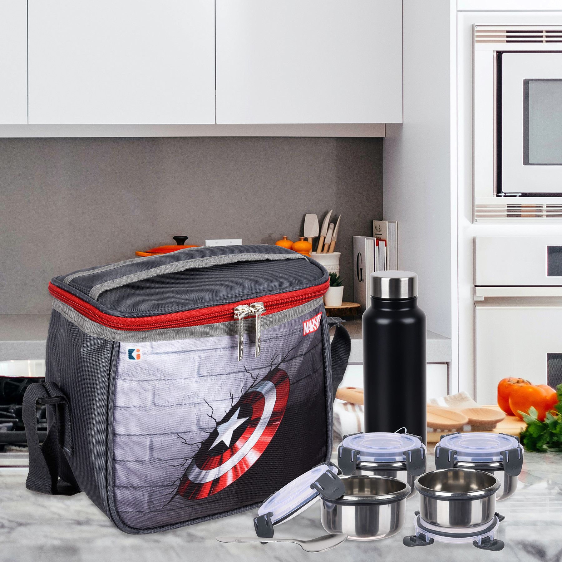 Kuber Industries Marvel Captain America Shield Lunch Bag | Rexine Waterproof Tiffin Cover | School Lunch Bag | Lunch Bag for Office | Kids Lunch Bag with Handle | Camping Lunch Bag | Gray