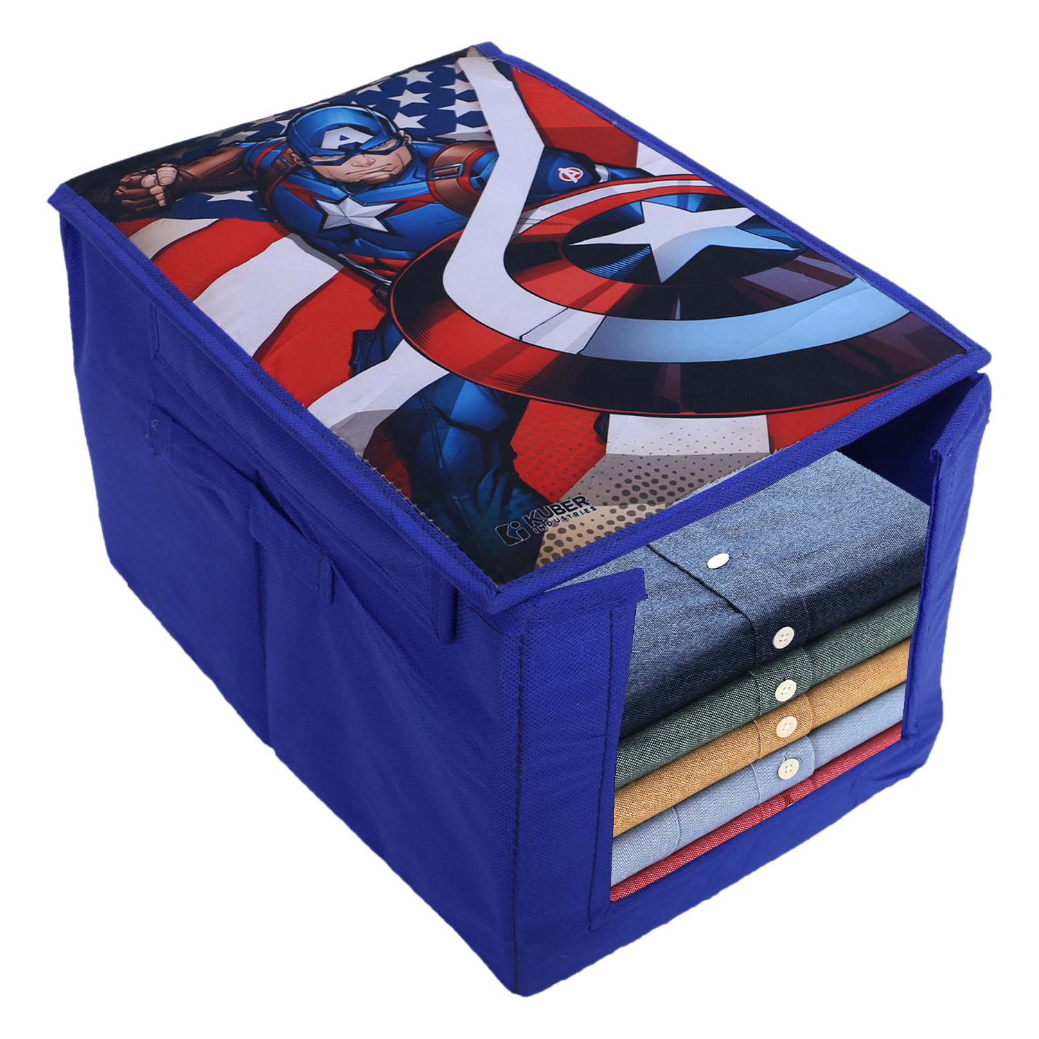 Kuber Industries Marvel Captain America Shirt Stacker|Wardrobe Organizer For Clothes|Non-Woven Wardrobe Organizer for Home With Lid (Blue)